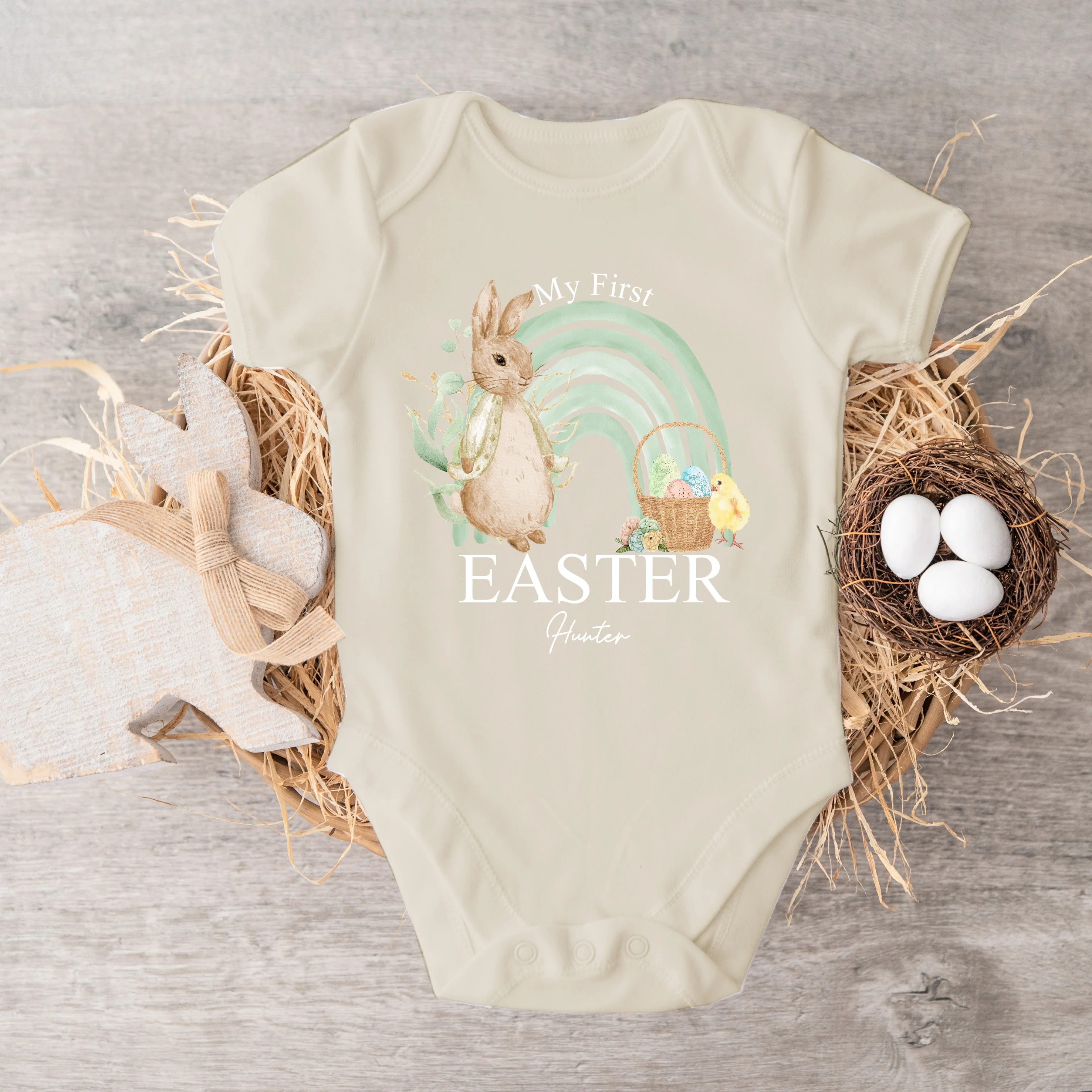 Personalised Green Rabbit Rainbow My First Easter Baby Grow, Vest or Bib - Image 4