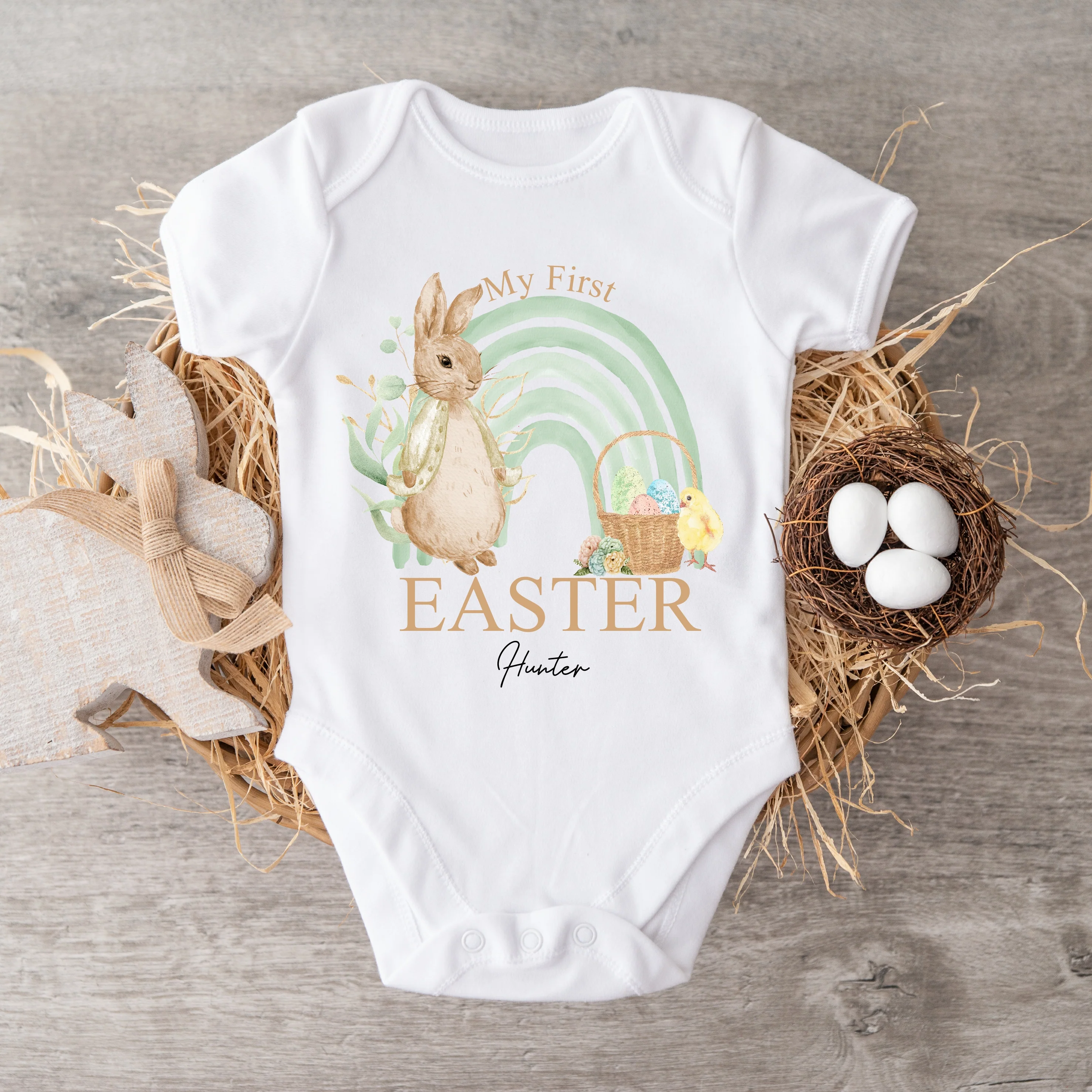 Personalised Green Rabbit Rainbow My First Easter Baby Grow, Vest or Bib - Image 5