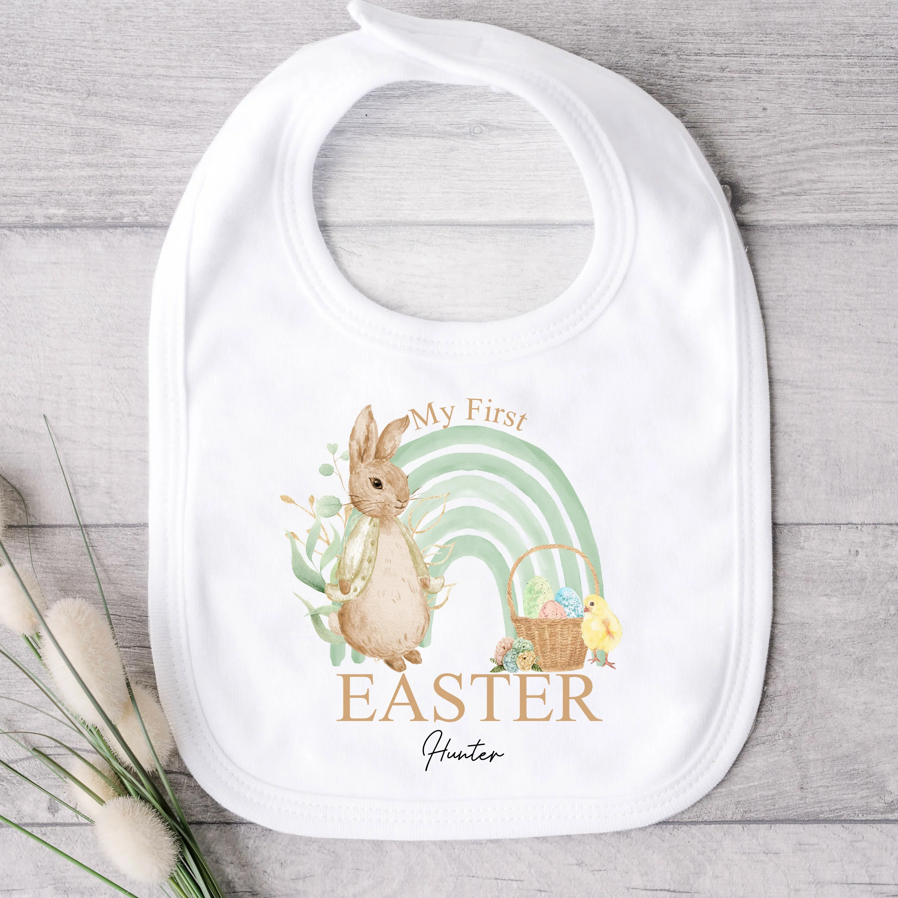 Personalised Green Rabbit Rainbow My First Easter Baby Grow, Vest or Bib - Image 6