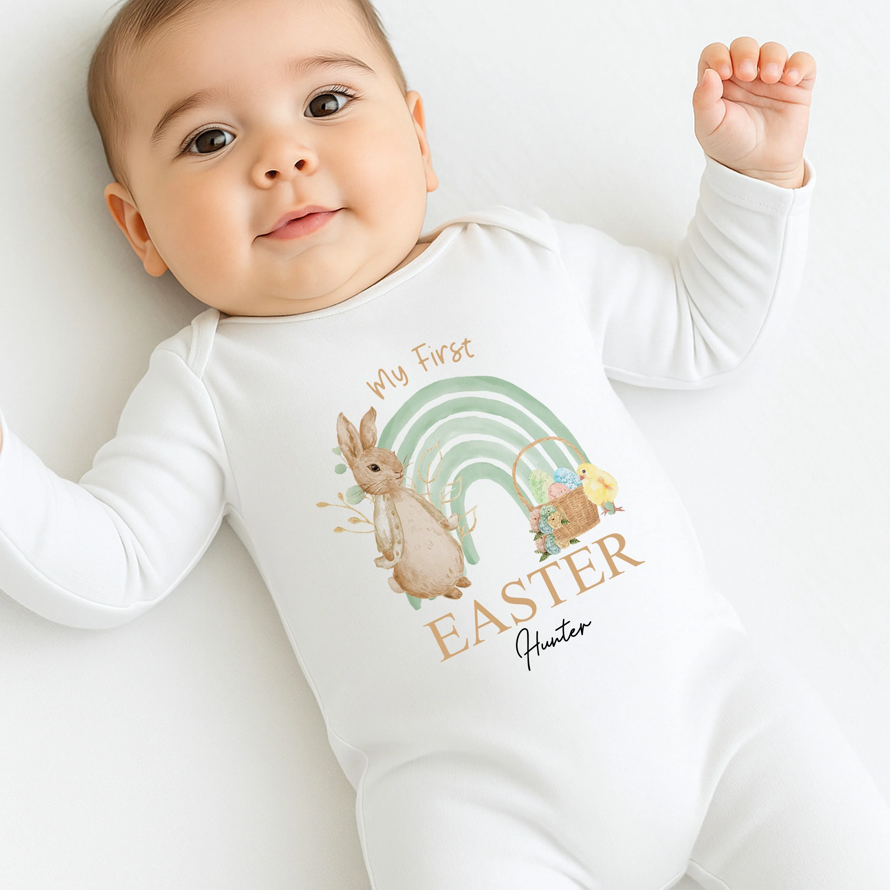 Personalised Green Rabbit Rainbow My First Easter Baby Grow, Vest or Bib - Image 7