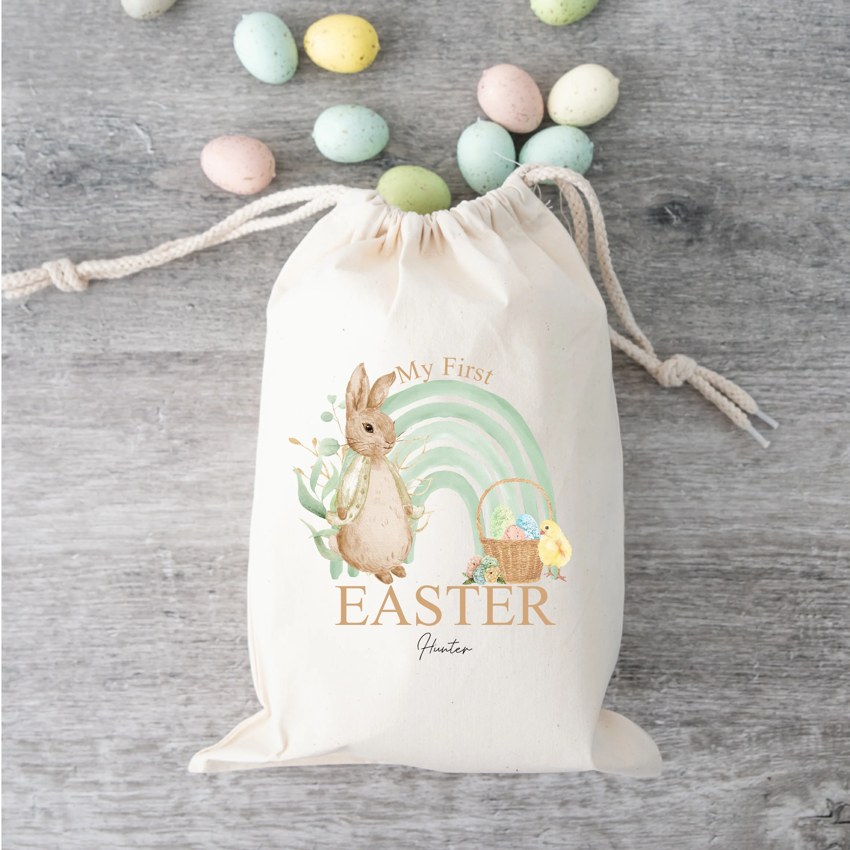 Personalised Green Rabbit Rainbow My First Easter Treat Bag - Image 3