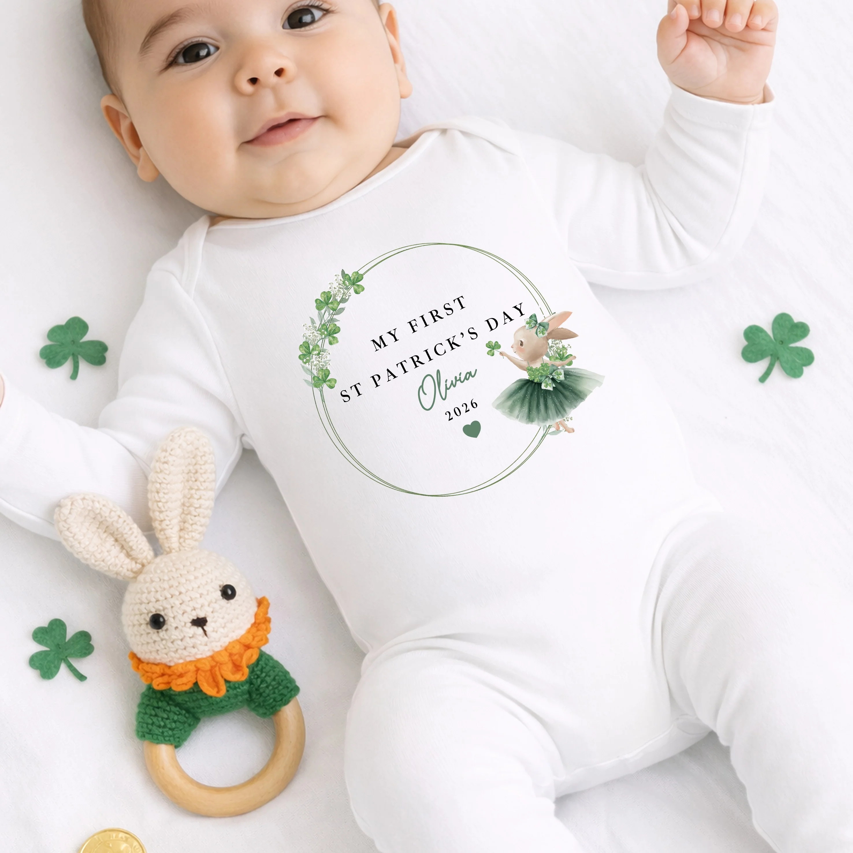 Personalised Green Rabbit Wreath St Patrick's Day Baby Grow, Vest or Bib - Image 4