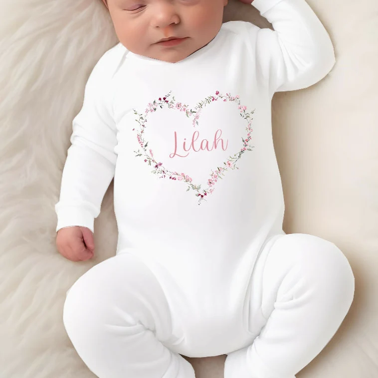 Personalised Pink Heart Wreath Babygrow/Vest/Bib
