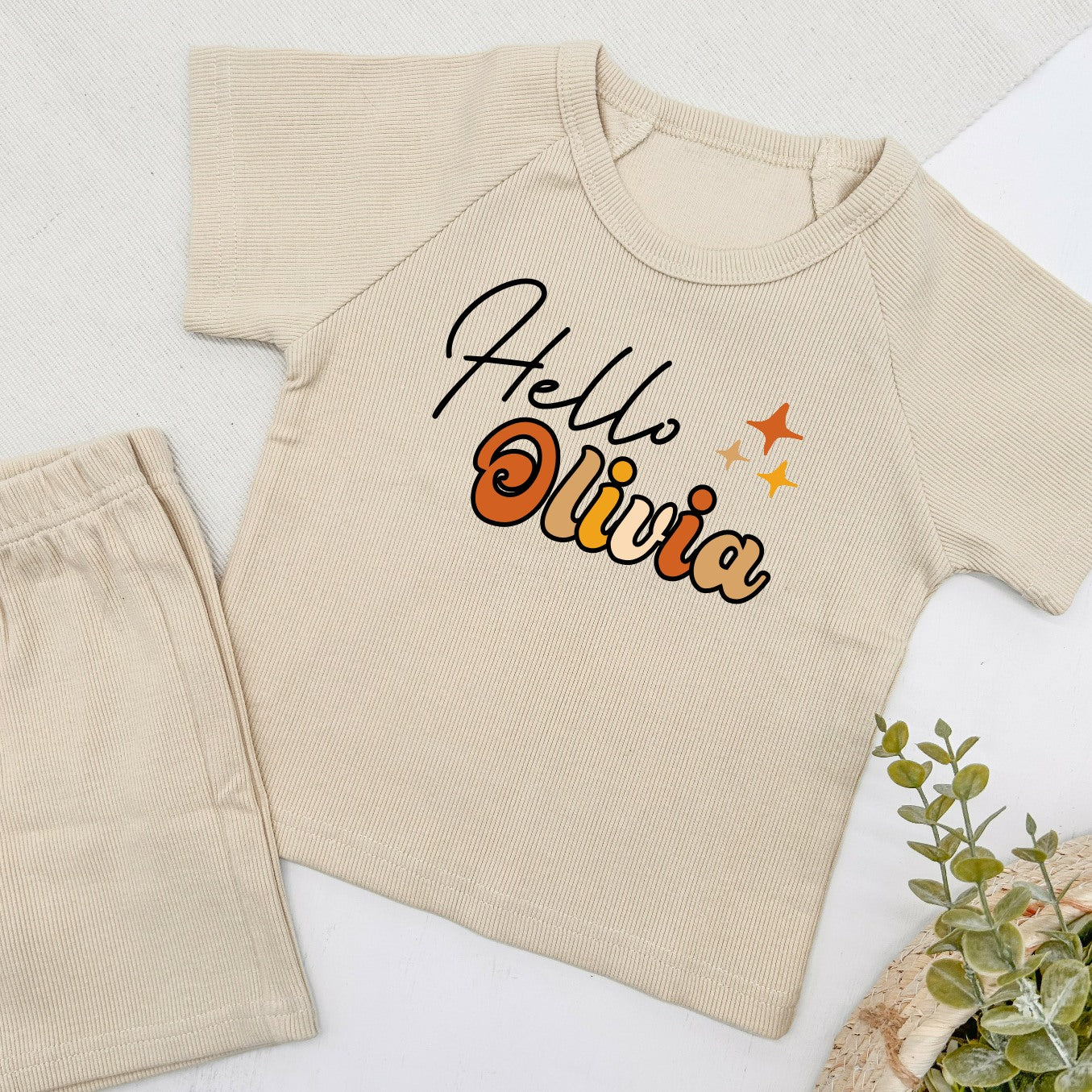 Personalised Hello Name Ribbed Shorts Set