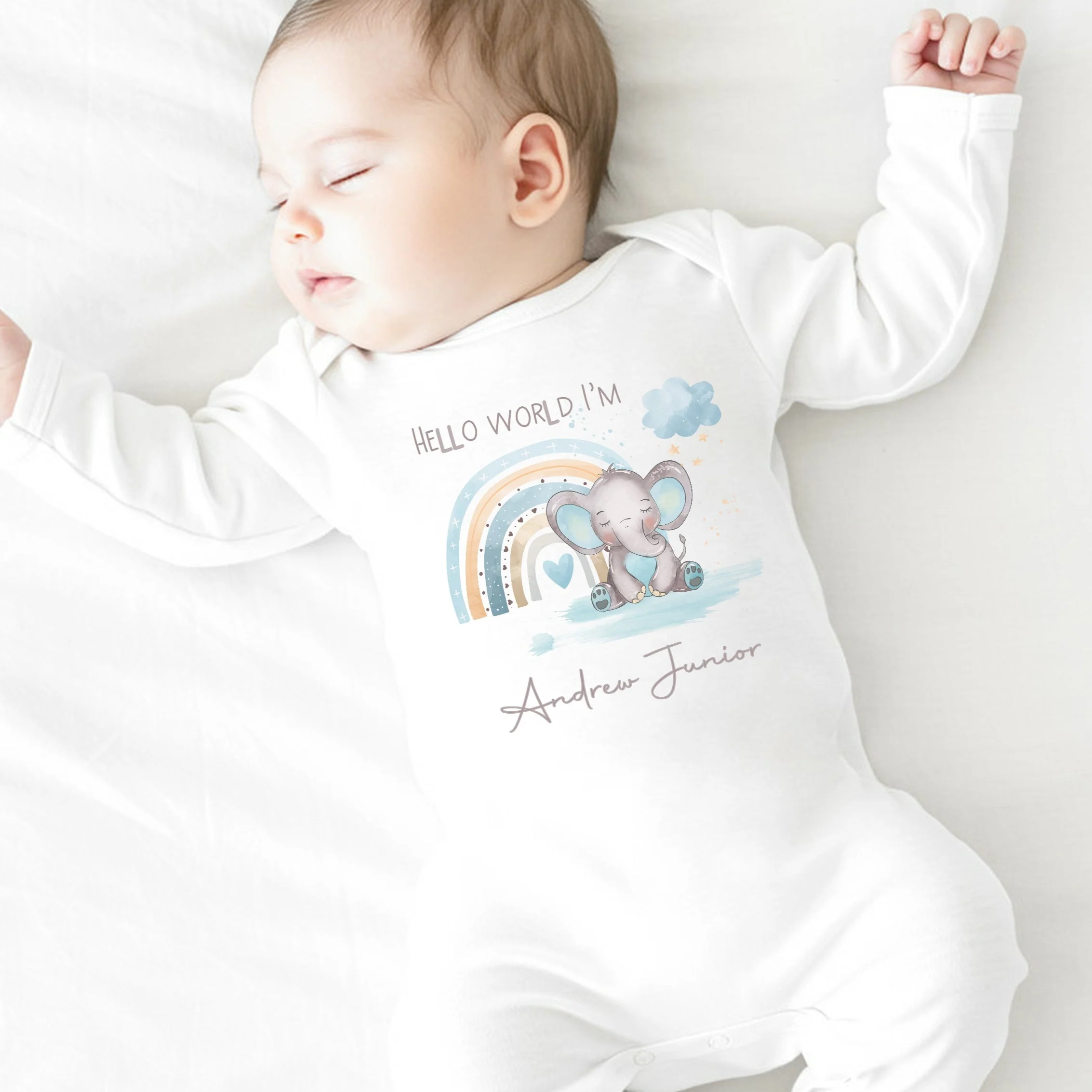 Personalised Hello World Blue Rainbow Elephant Babygrow/Vest - Image 2