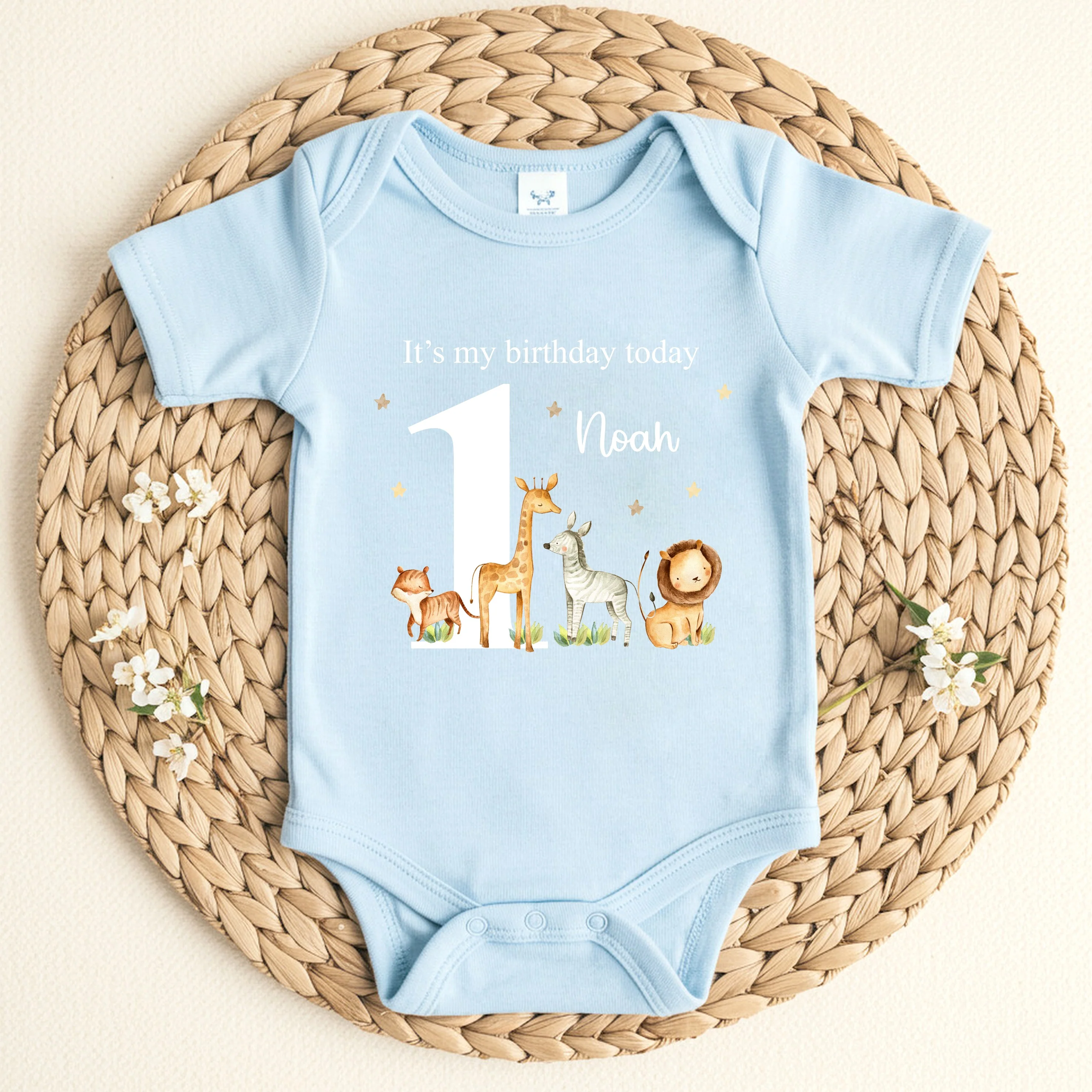 Personalised Jungle Animals Blue First Birthday Vest