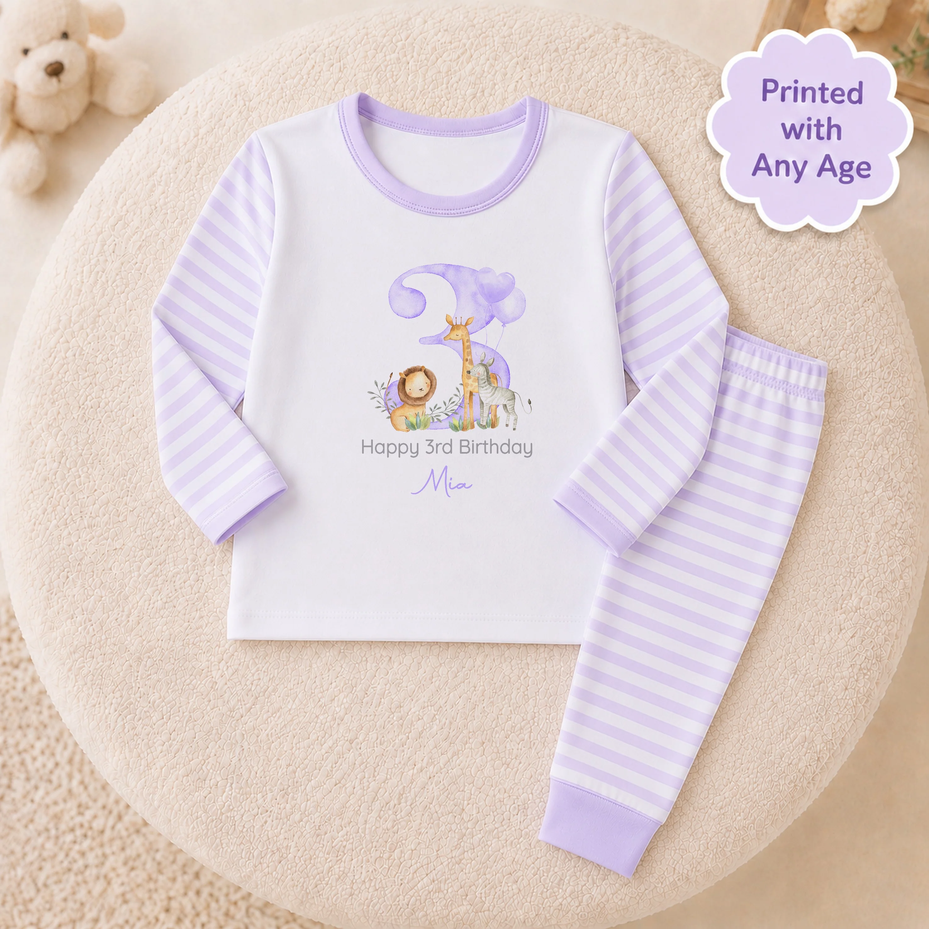 Personalised Lilac Jungle Safari Any Age Birthday Pyjamas
