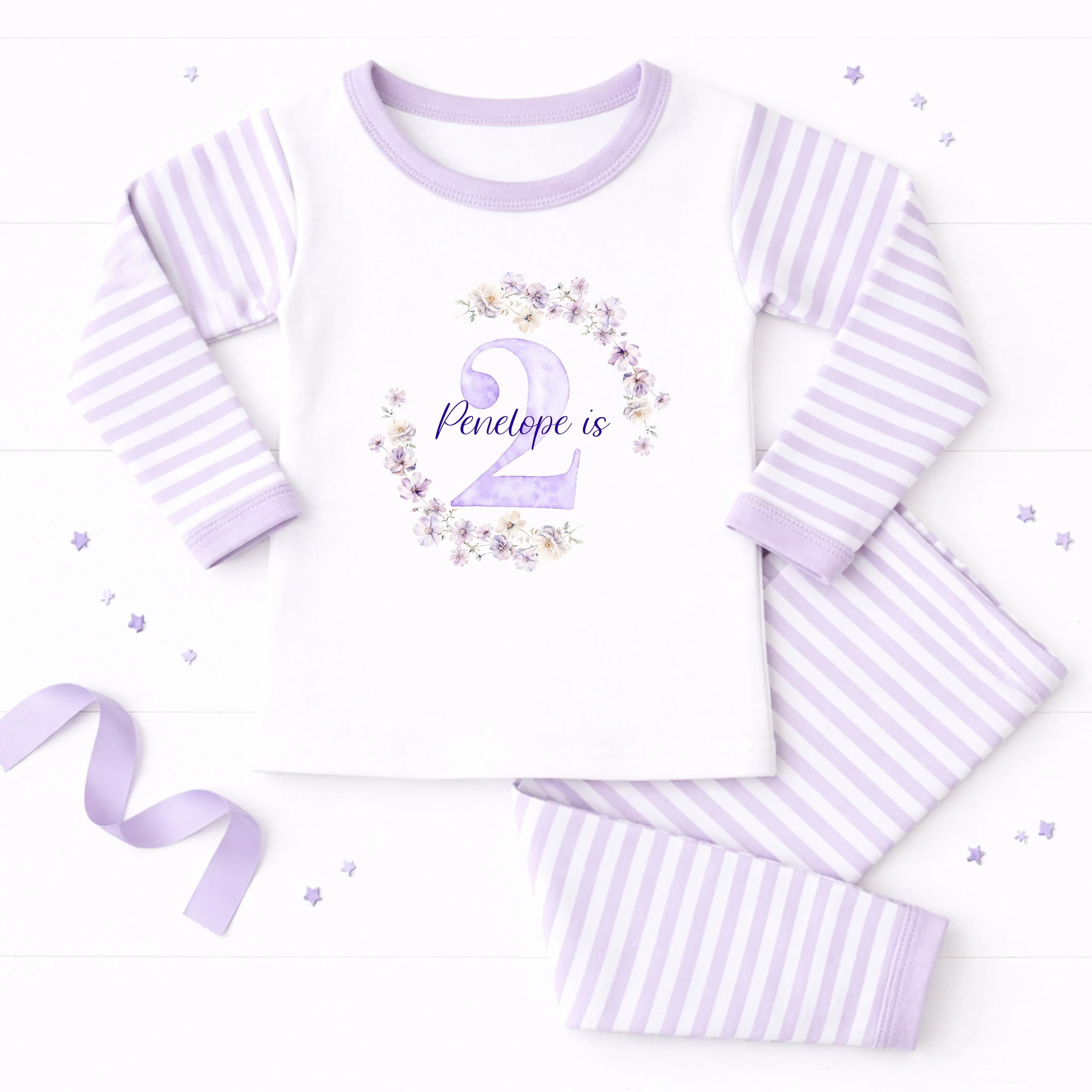 Personalised Lilac Wreath Second Birthday Pyjamas