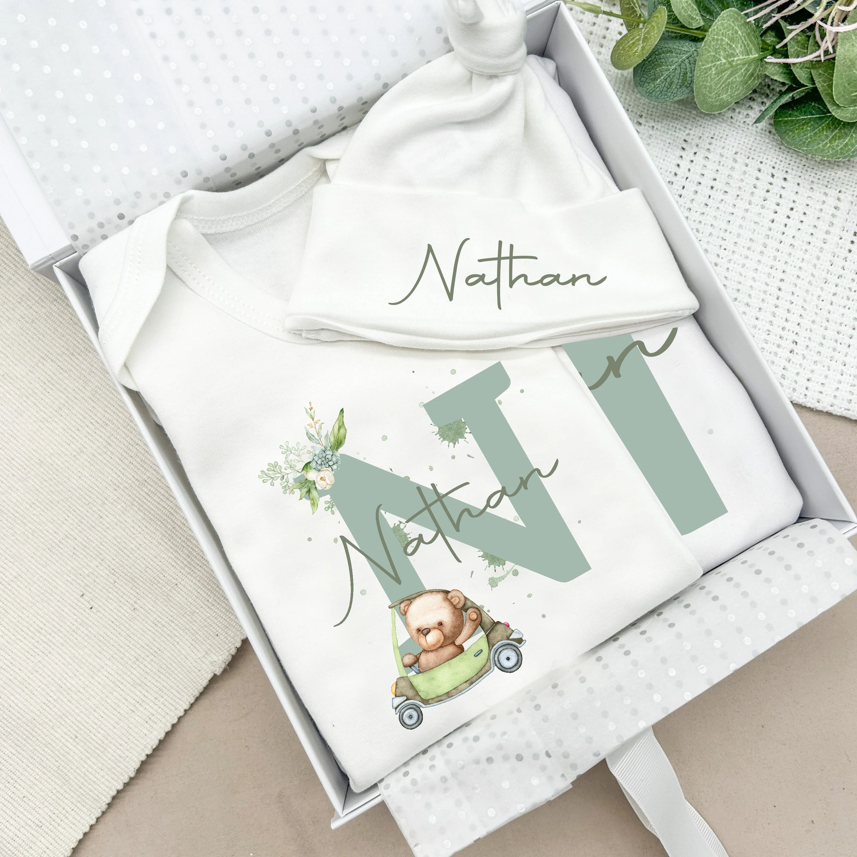 Personalised Little Bear Green Initial Baby Clothing Optional Hamper Gift Set