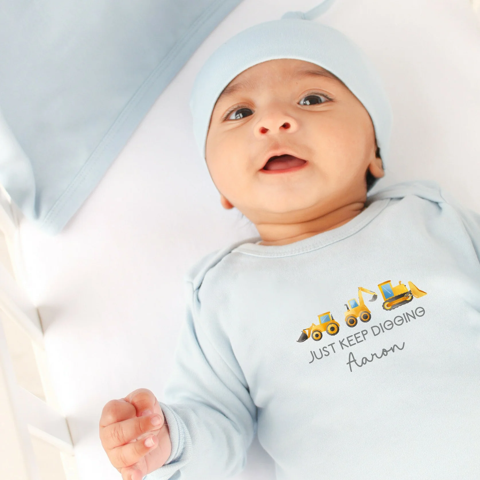 Personalised Little Digger Blue Babygrow and optional Hat