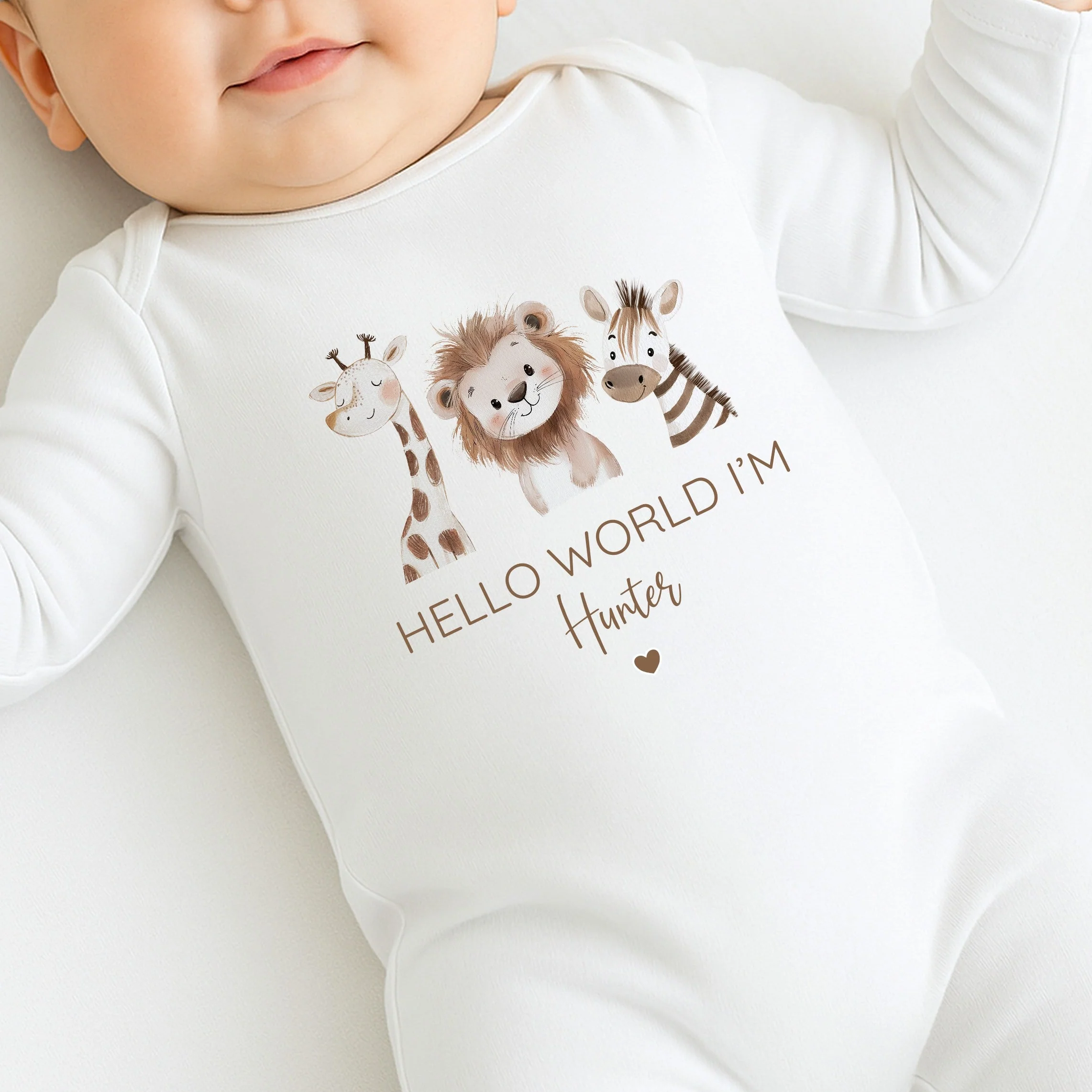 Personalised Little Zoo Hello World Baby Grow or Vest