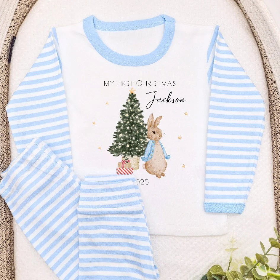 Personalised Merry Christmas Blue Rabbit Blue Stripe Pyjamas - Image 2