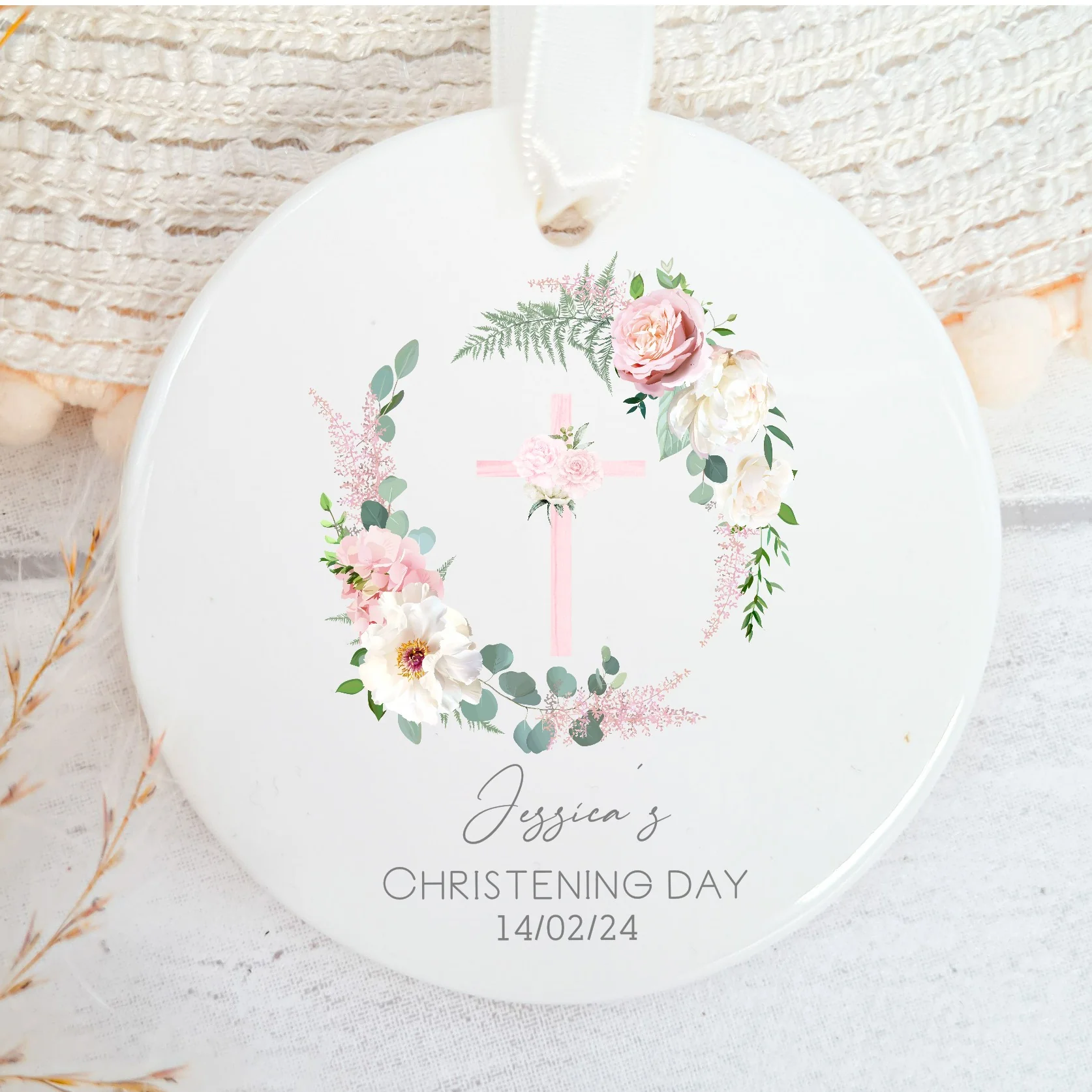 Personalised My Christening Day Pink Ceramic Ornament