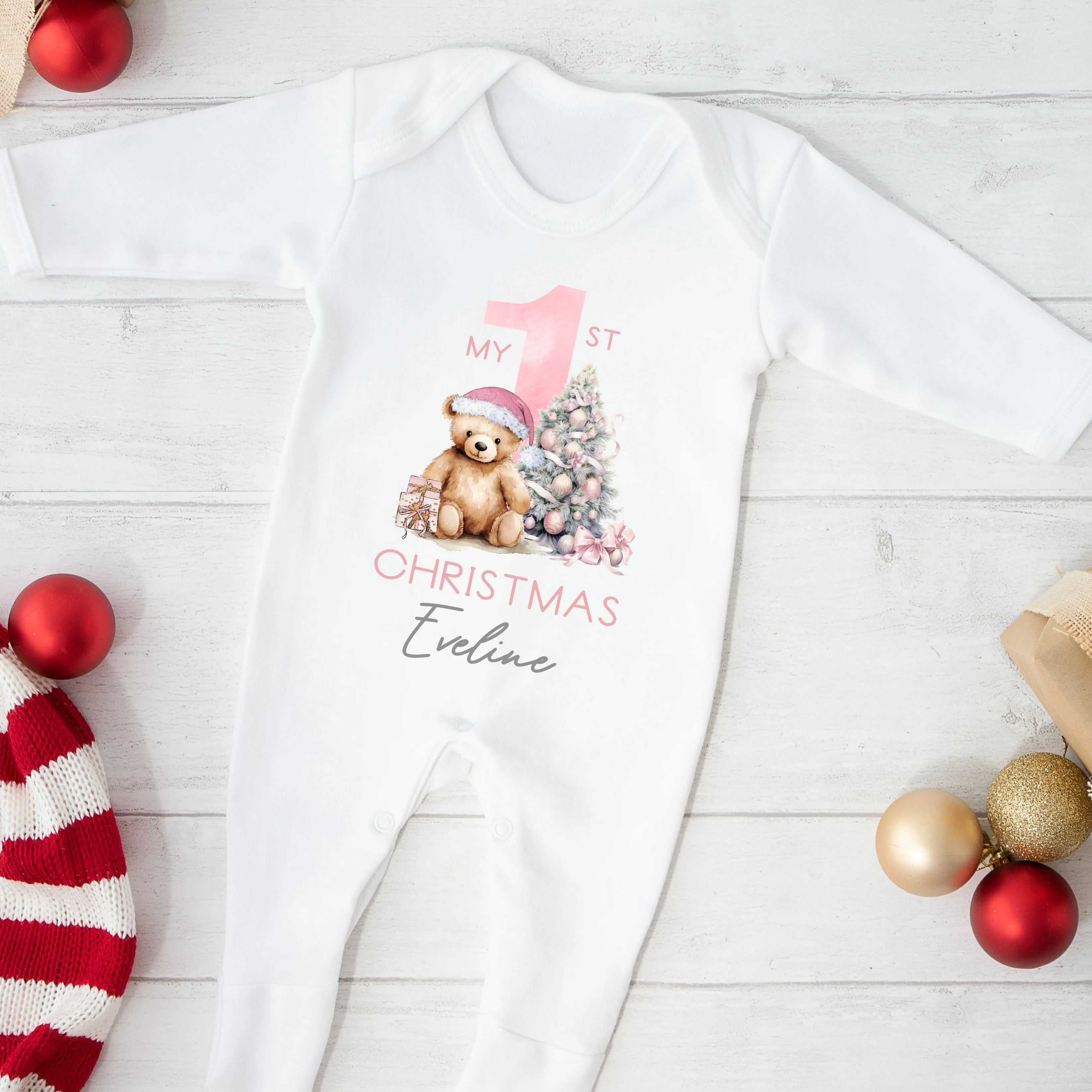 Personalised My First Christmas Pink Teddy Baby Grow/Vest/Bib - Image 4