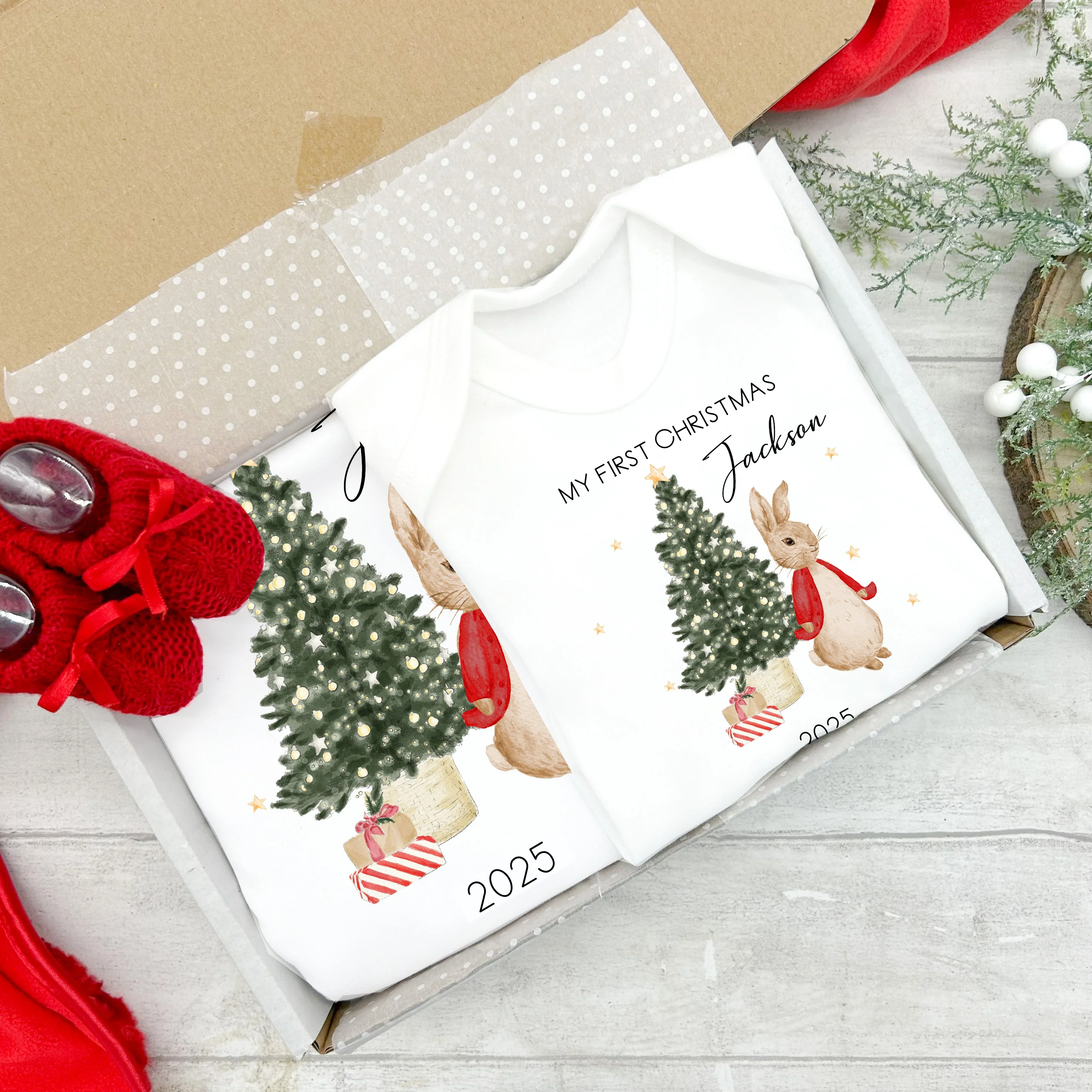 Personalised My First Christmas Red Rabbit Baby Grow and Blanket Gift Set - Image 2