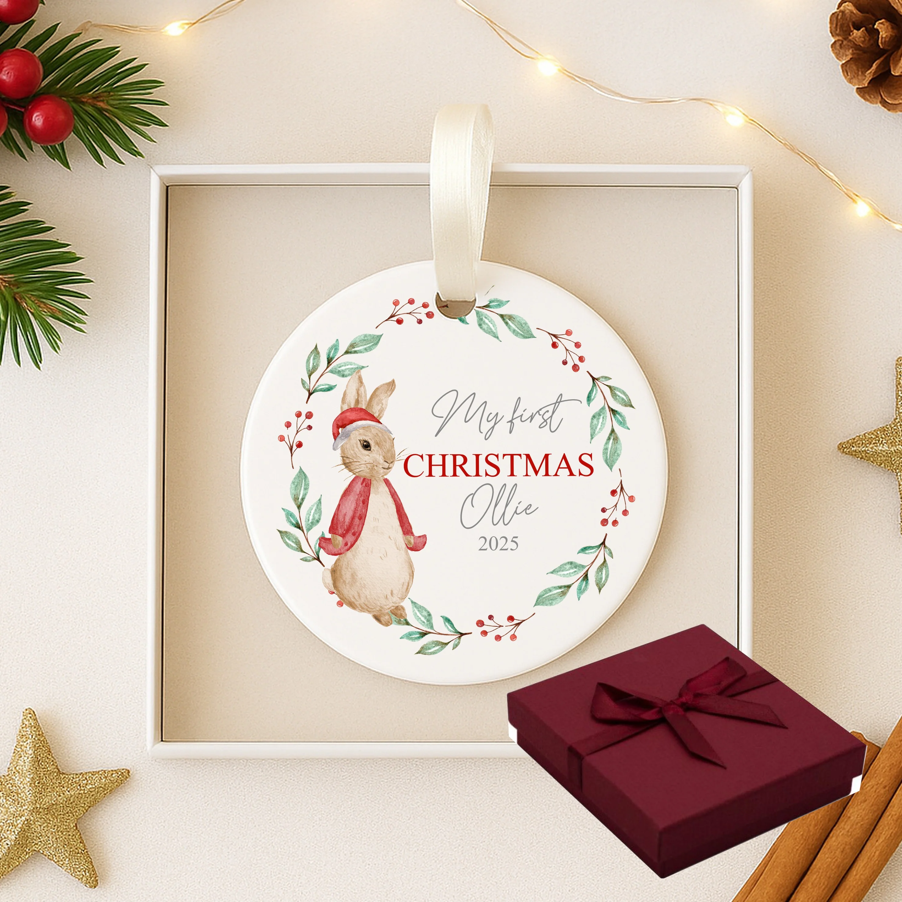 Personalised My First Christmas Red Rabbit Wreath Ceramic Ornament - Image 7