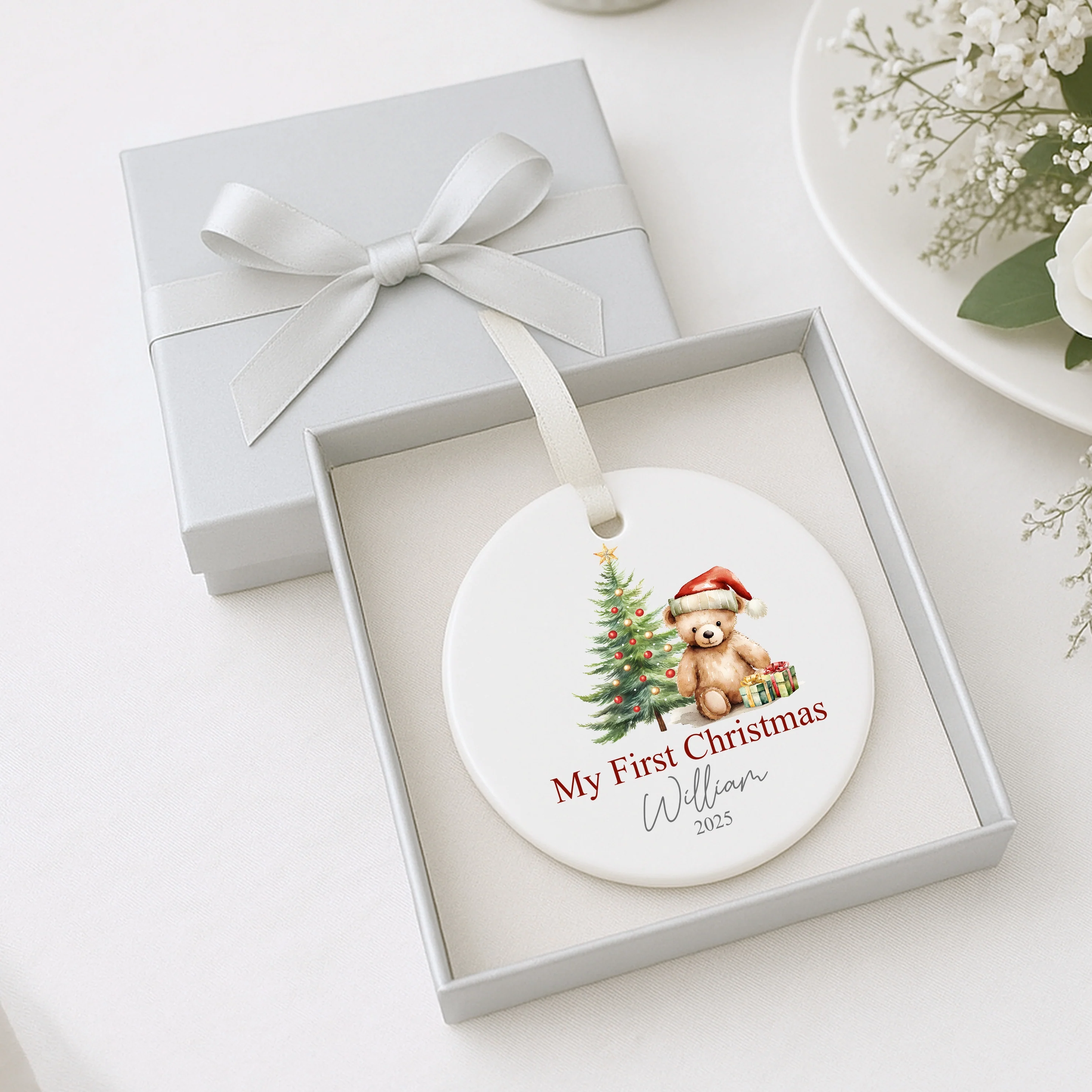 Personalised My First Christmas Red Teddy Ceramic Ornament - Image 2