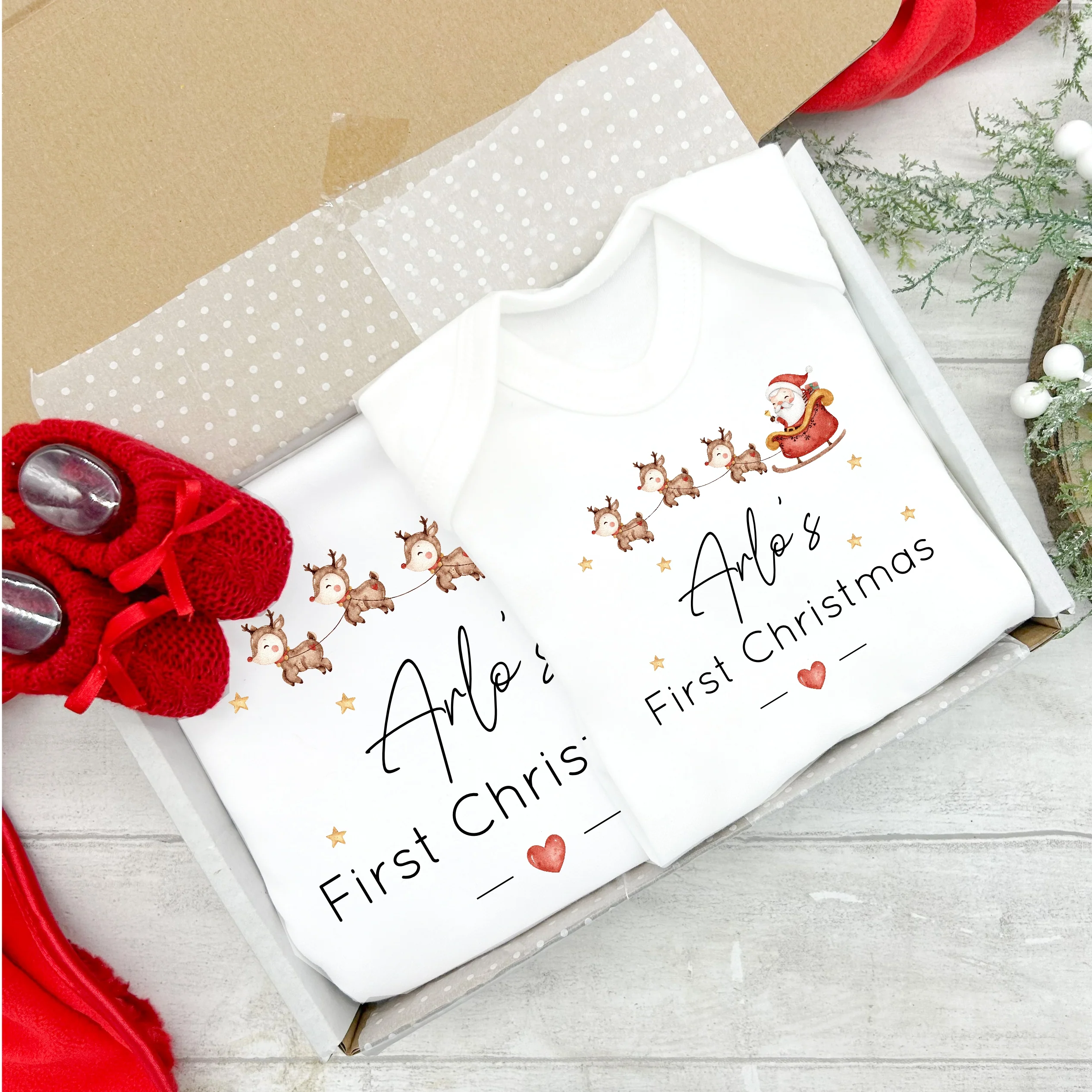 Personalised My First Christmas Santa Sleigh Baby Grow and Blanket Gift Set - Image 2