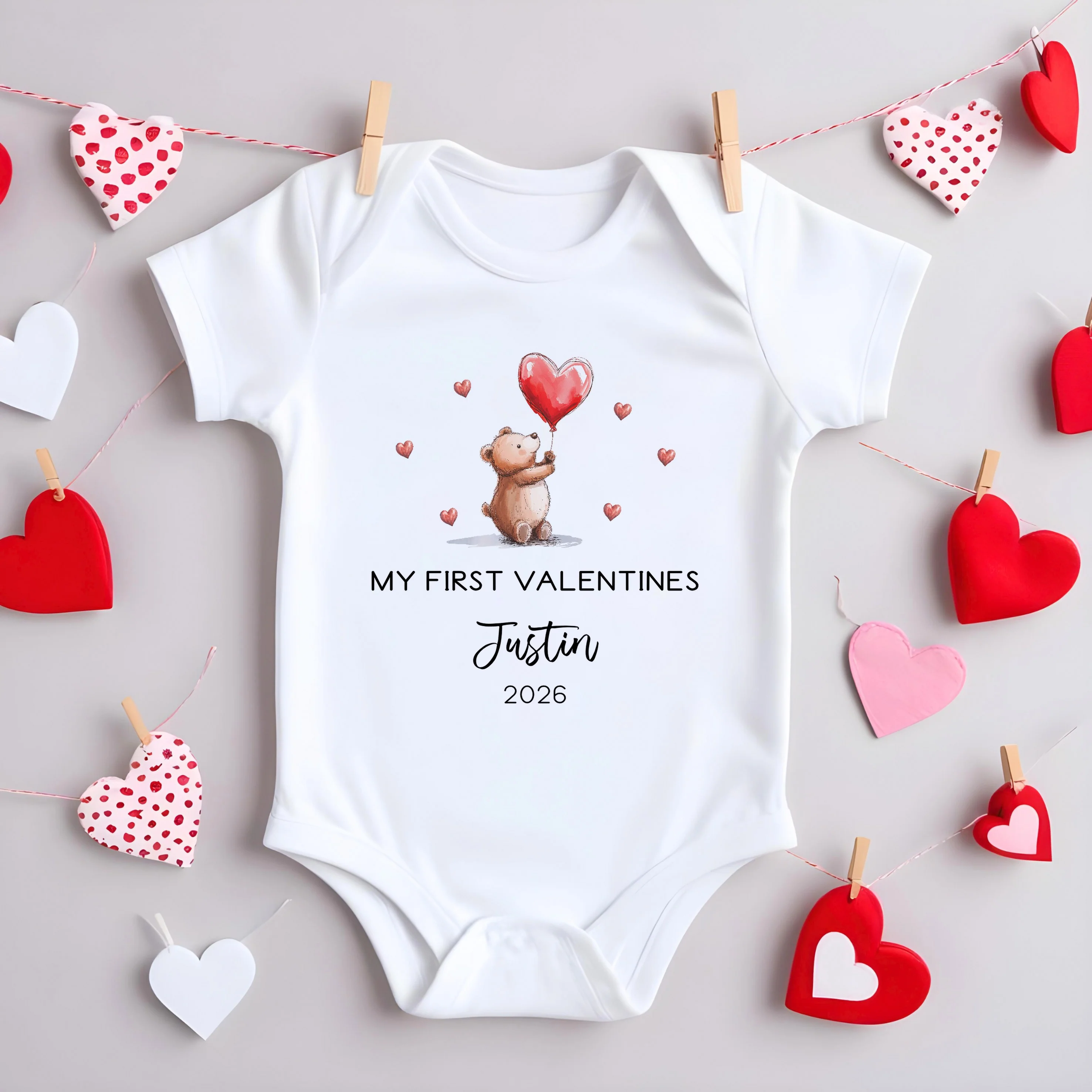 Personalised My First Valentines Day Bears Red Balloons Babygrow/Vest - Image 2
