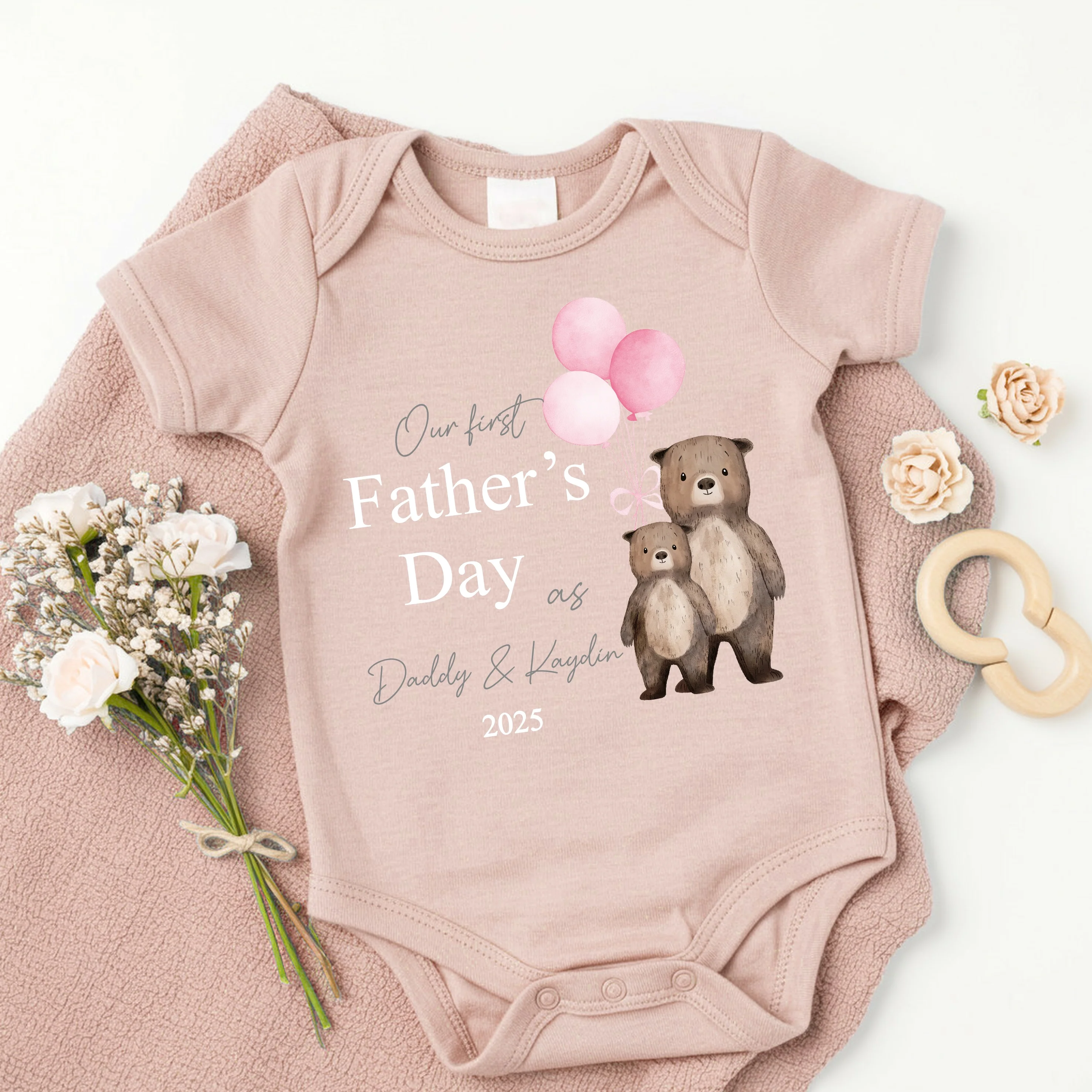 Personalised Pink Balloons Bears Father's Day Pink Baby Grow or Vest - Image 5