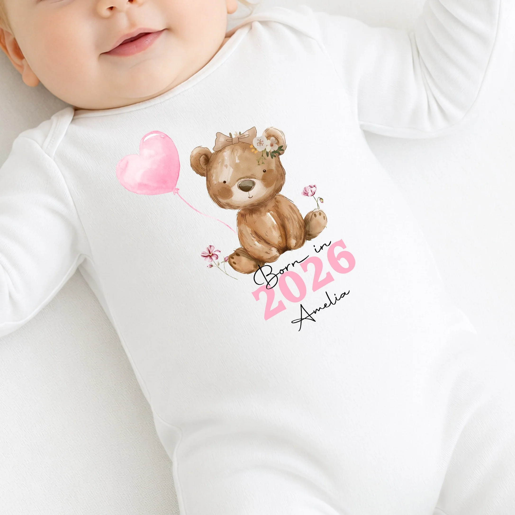 Personalised Pink Bear Born in 2026 Baby Grow, Vest or Bib