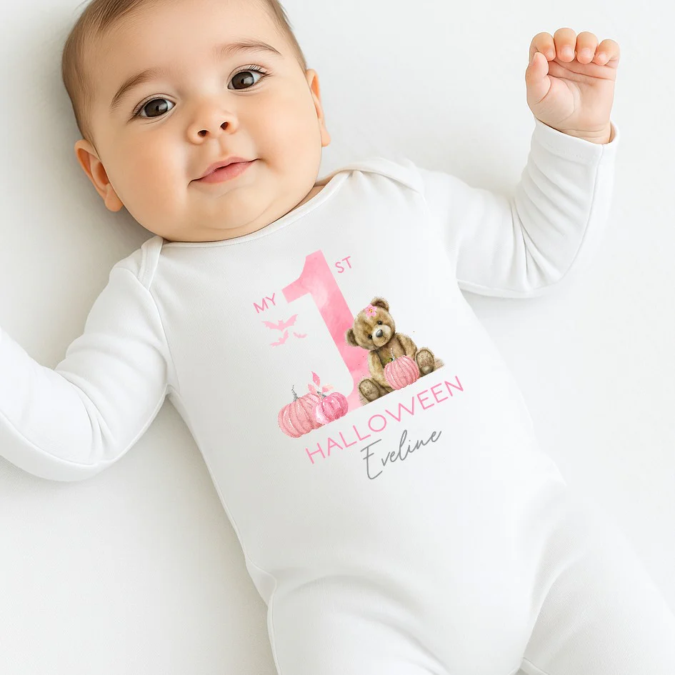 Personalised Pink Bear First Halloween Babygrow/Vest/Bibs