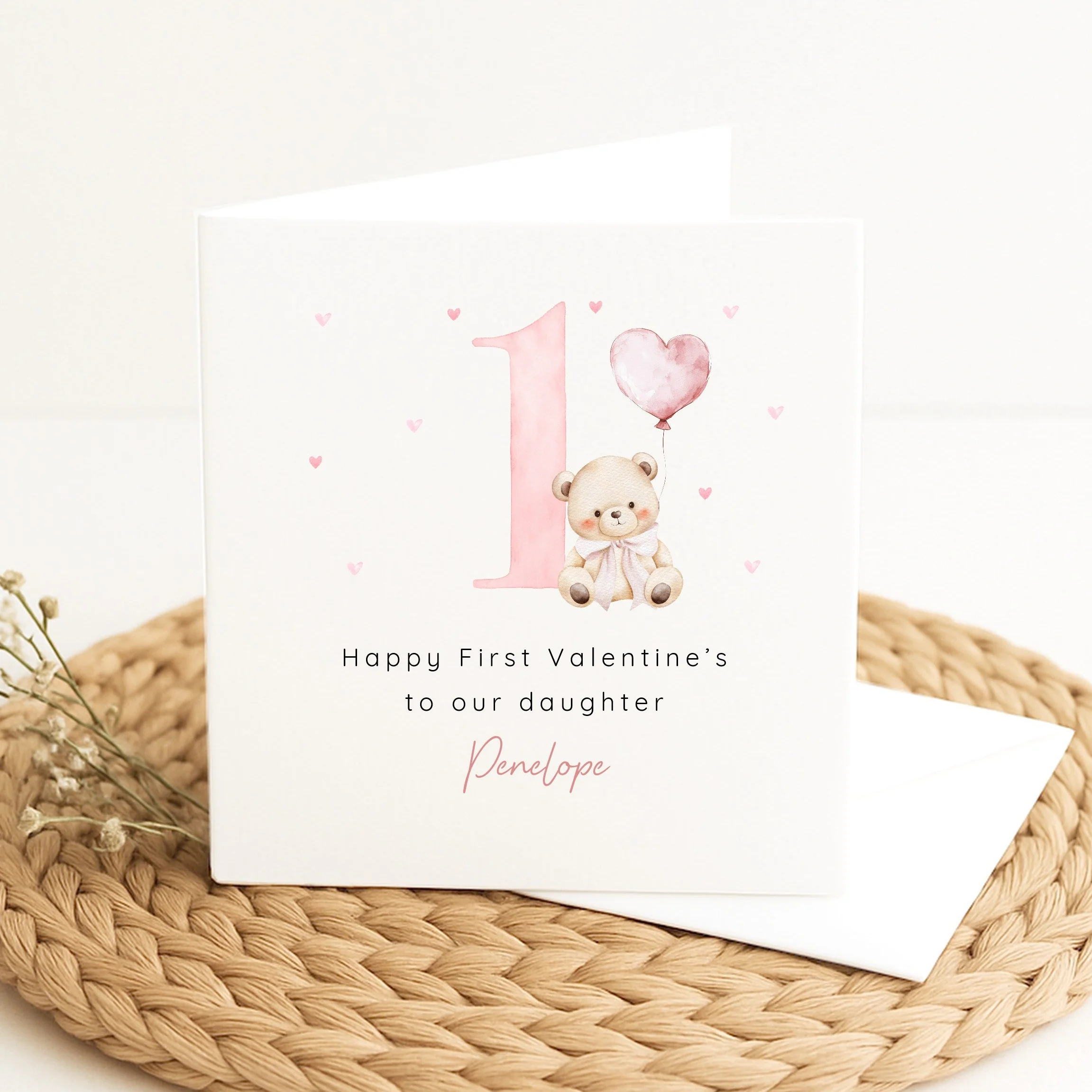 Personalised Pink Bear Happy First Valentine's Day Card