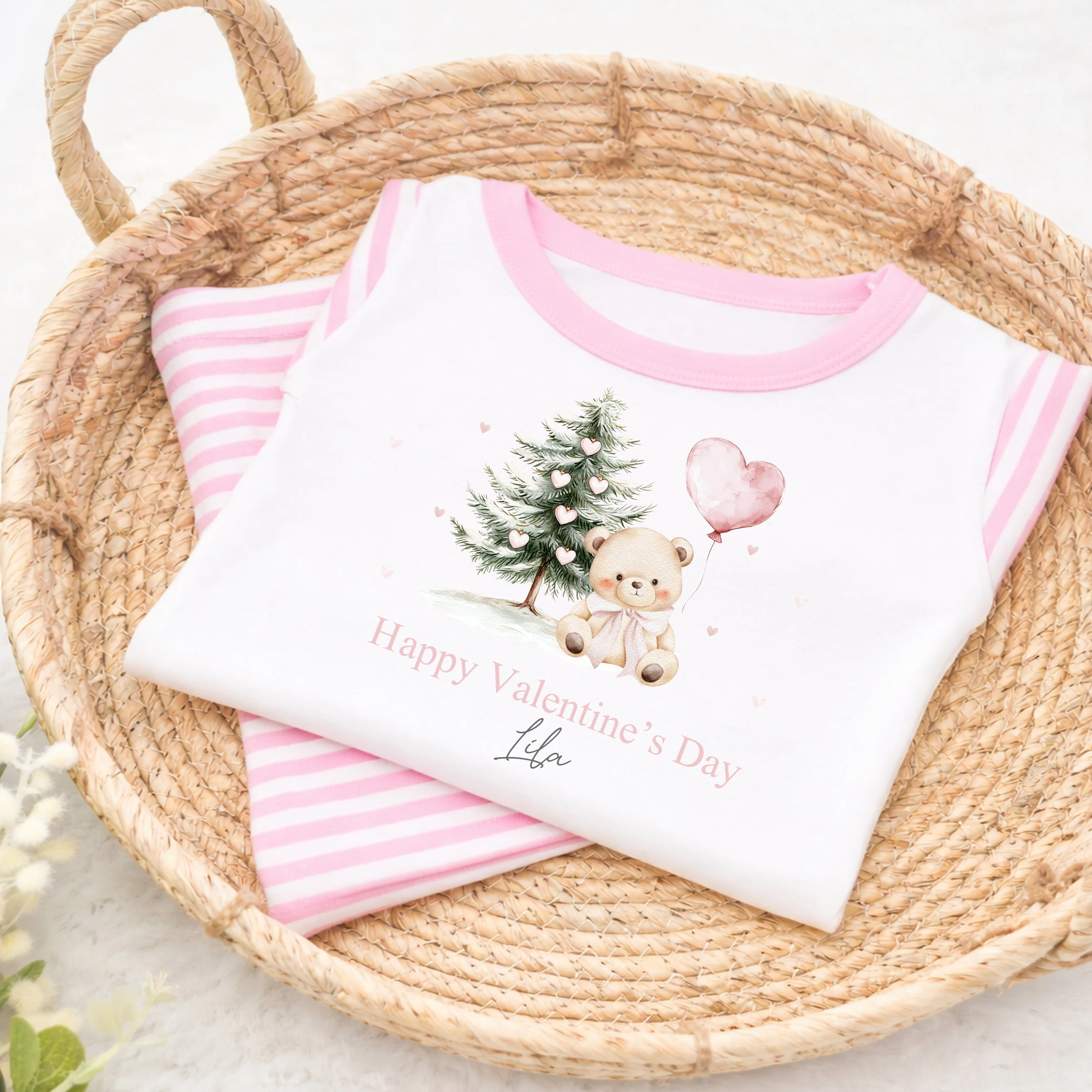 Personalised Pink Bear My First Valentine's Day Pink Stripe Pyjamas - Image 3