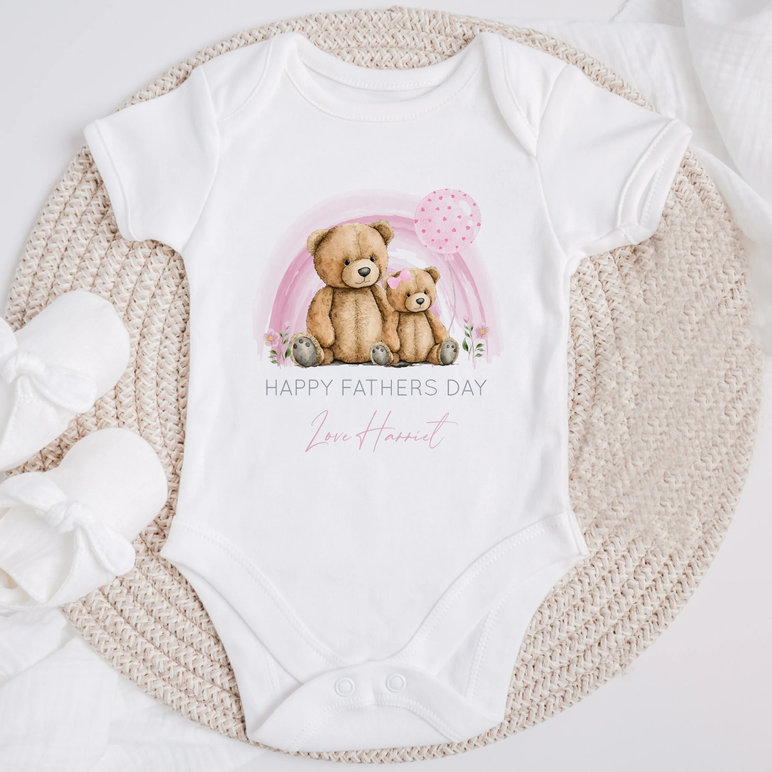Personalised Pink Bear Rainbow Happy Father's Day Baby Grow or Vest - Image 4