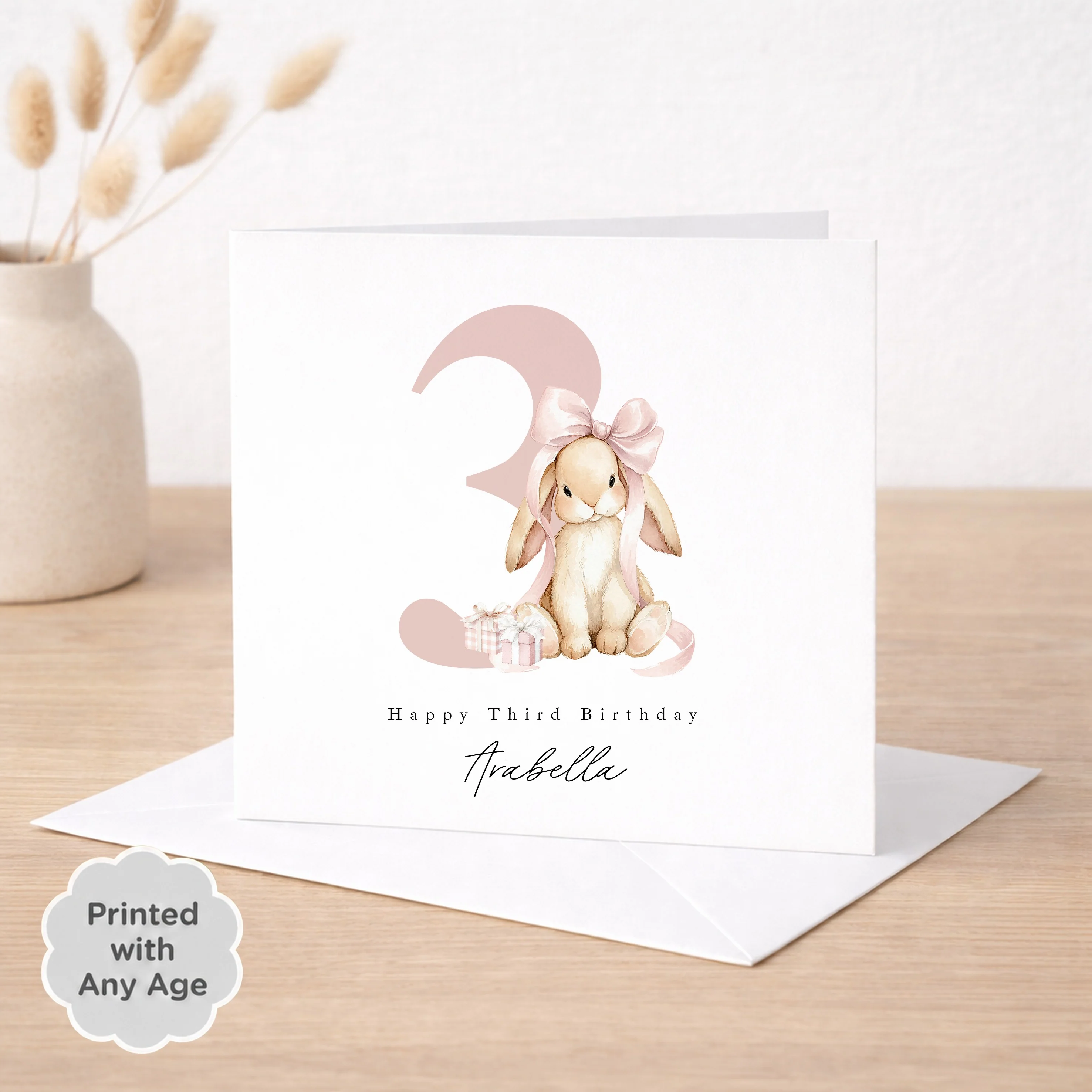Personalised Pink Bow Bunny Any Age Birthday Card