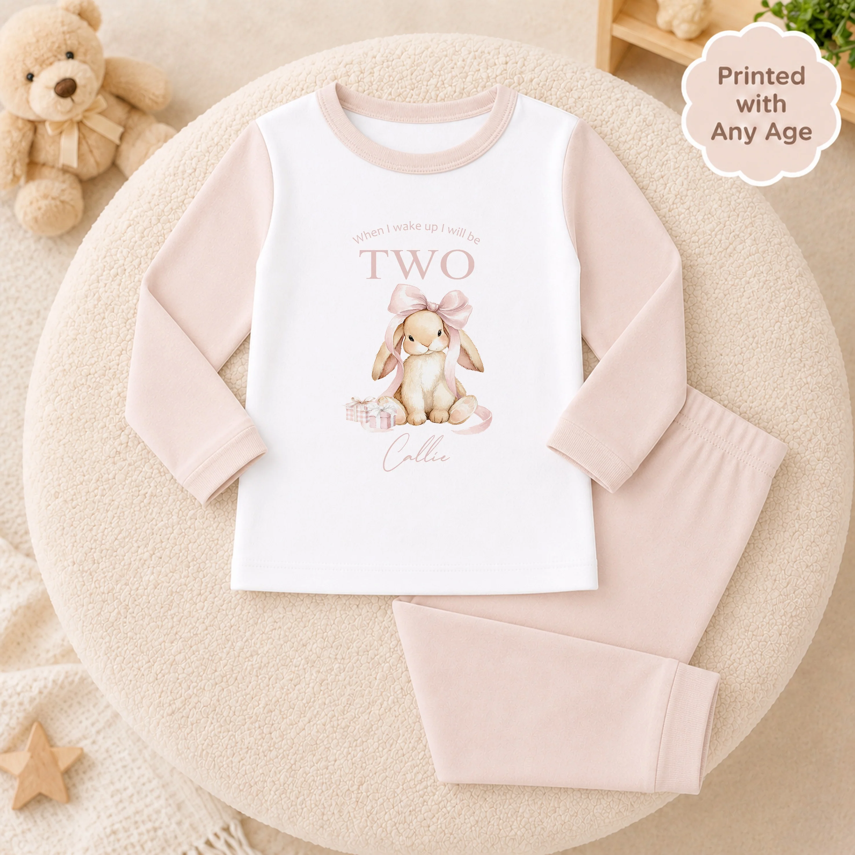 Personalised Pink Bow Bunny Any Age Birthday Pyjamas - Image 2