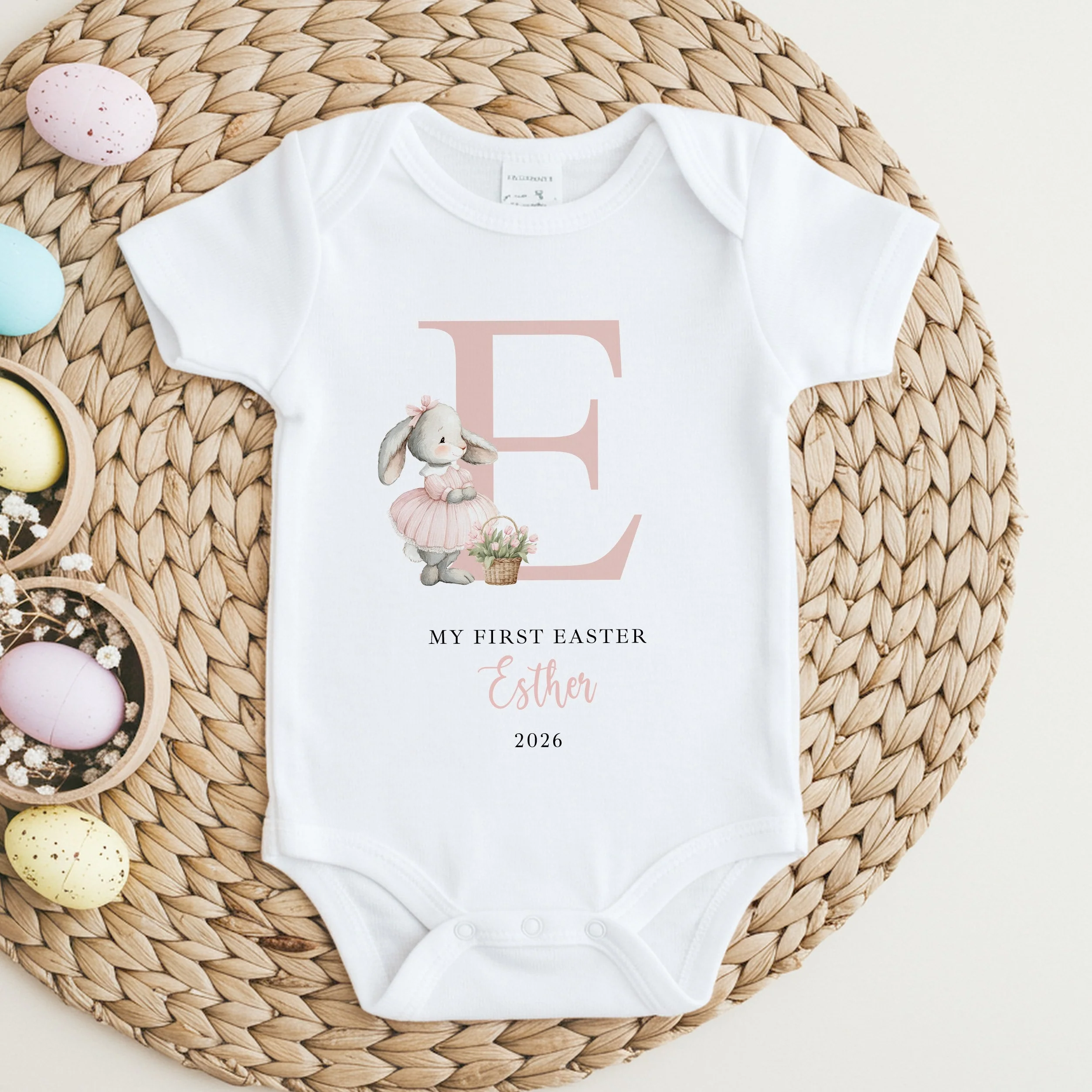 Personalised Pink Bunny Initial My First Easter Baby Grow, Vest or Bib - Image 2