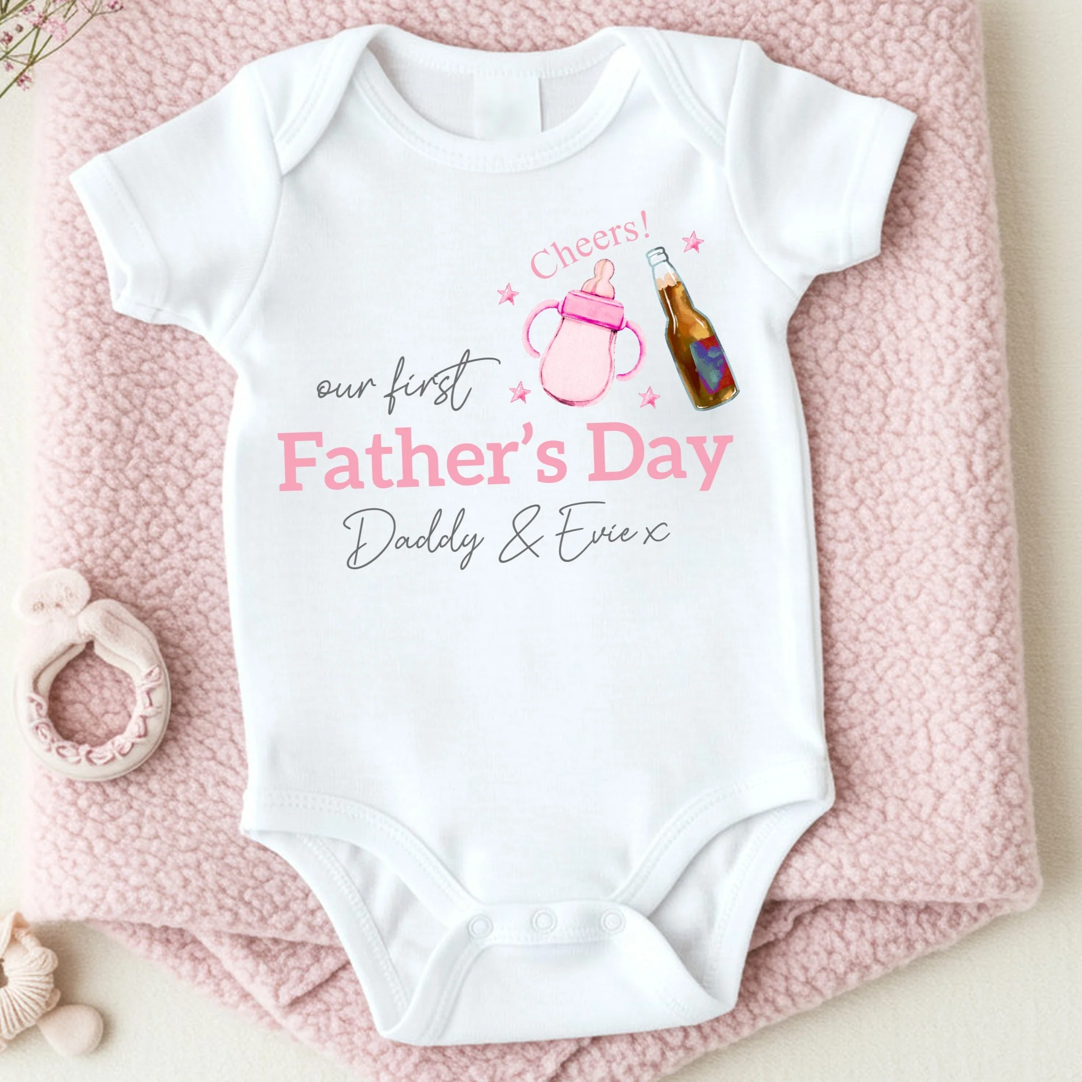 Personalised Pink Cheers Milk Beer Our First Father's Day Baby Grow or Vest