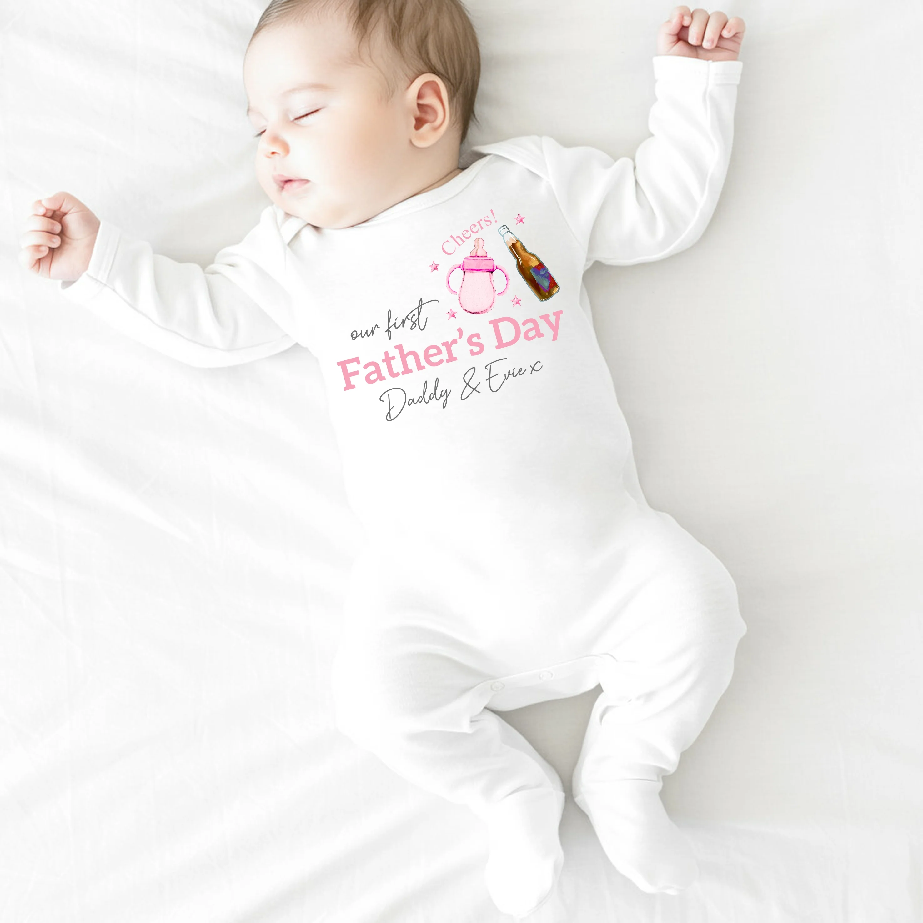 Personalised Pink Cheers Milk Beer Our First Father's Day Baby Grow or Vest - Image 3