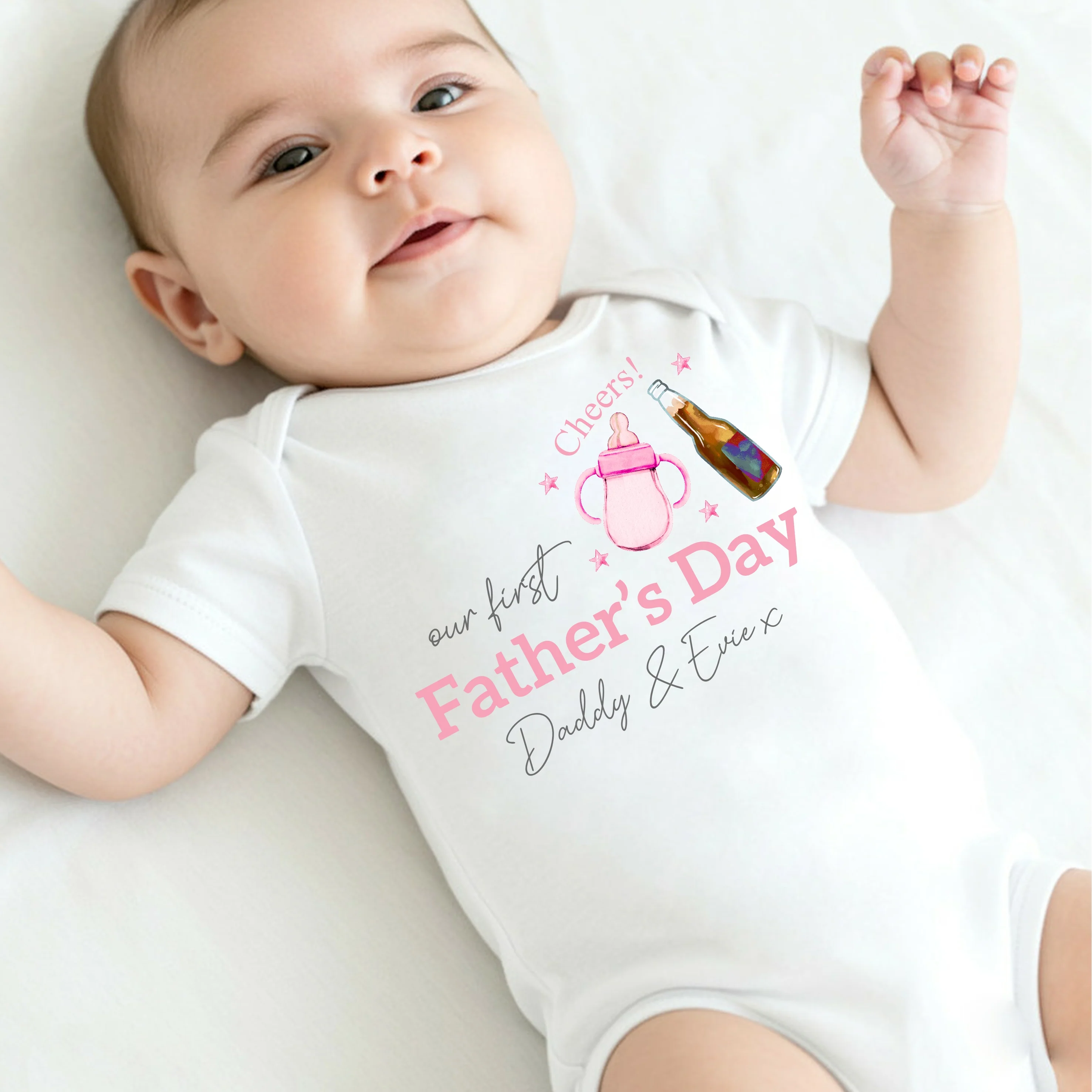 Personalised Pink Cheers Milk Beer Our First Father's Day Baby Grow or Vest - Image 4
