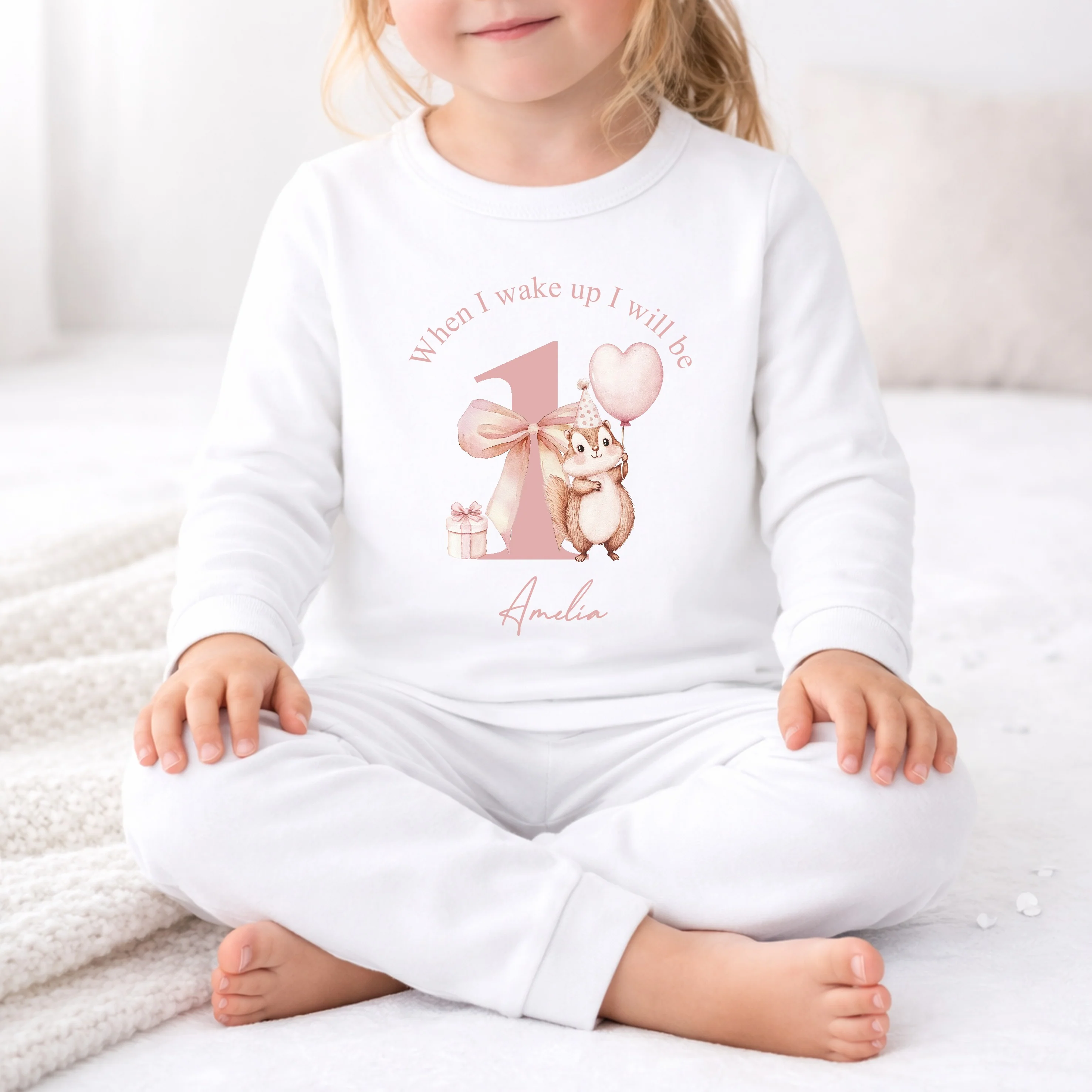 Personalised Chipmunk When I Wake Up I Will Be 1 Pink First Birthday Pyjamas - Image 2