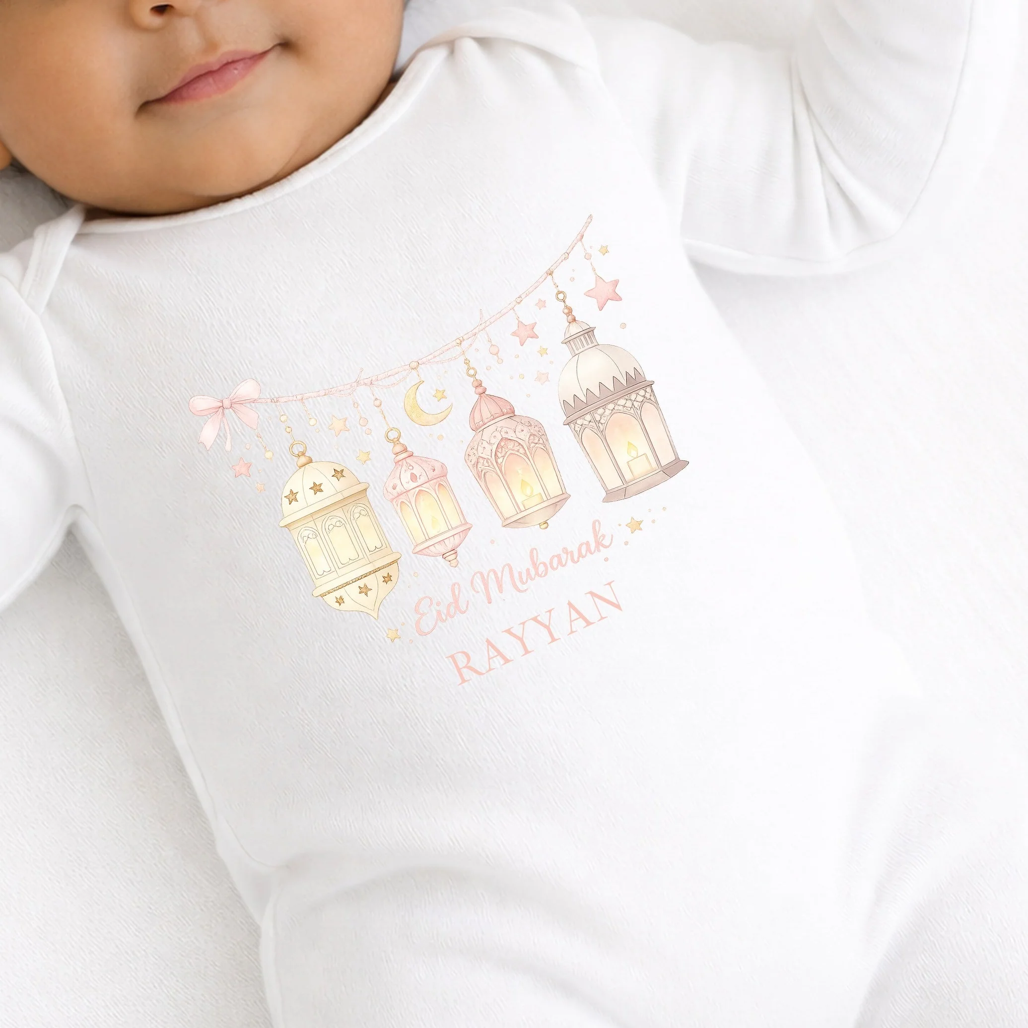 Personalised Pink Eid Mubarak Baby Grow, Vest or Bib