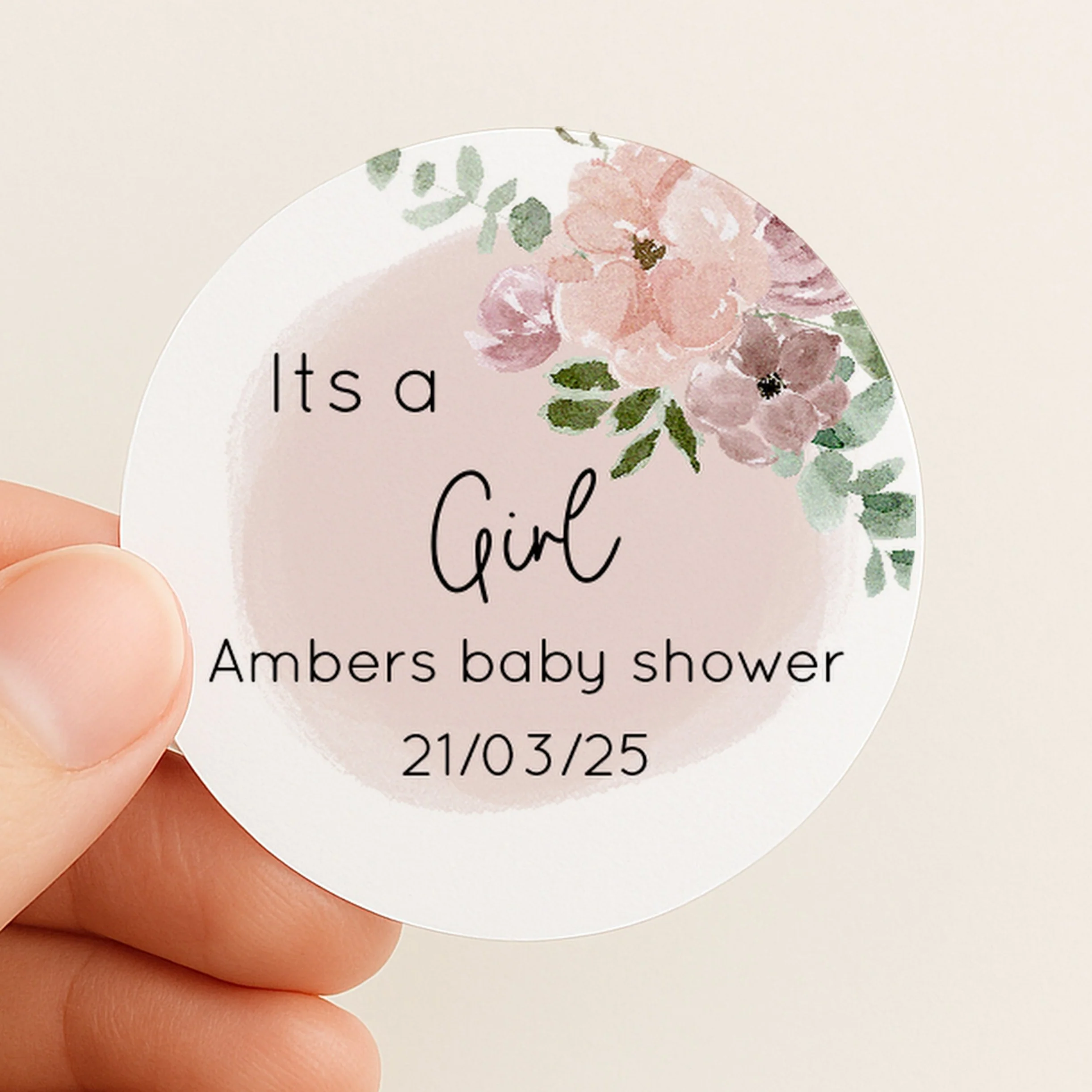 Personalised Pink Floral It's a Girl Baby Shower Stickers
