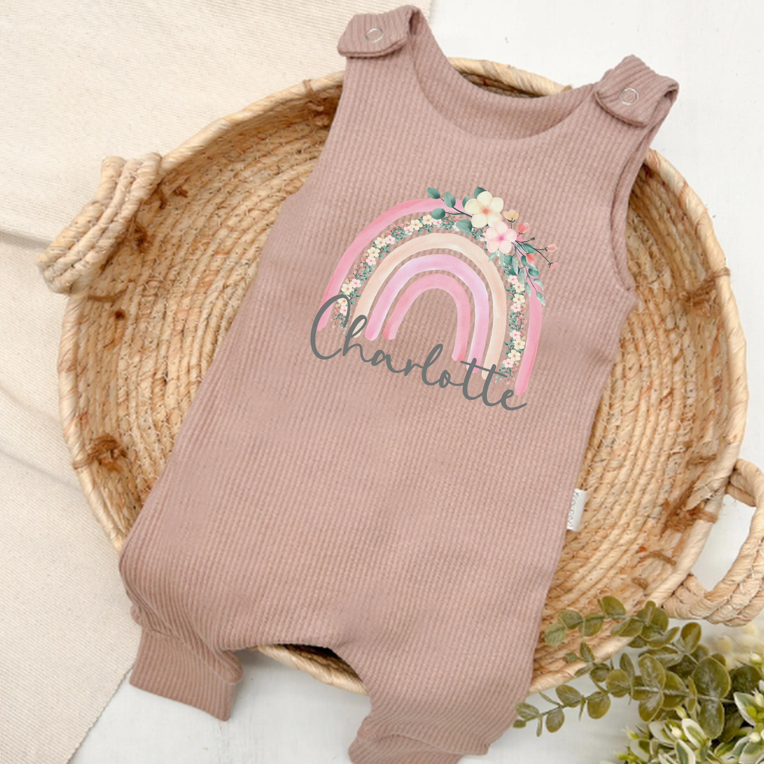 Personalised Pink Floral Rainbow Ribbed Dungarees - Image 3