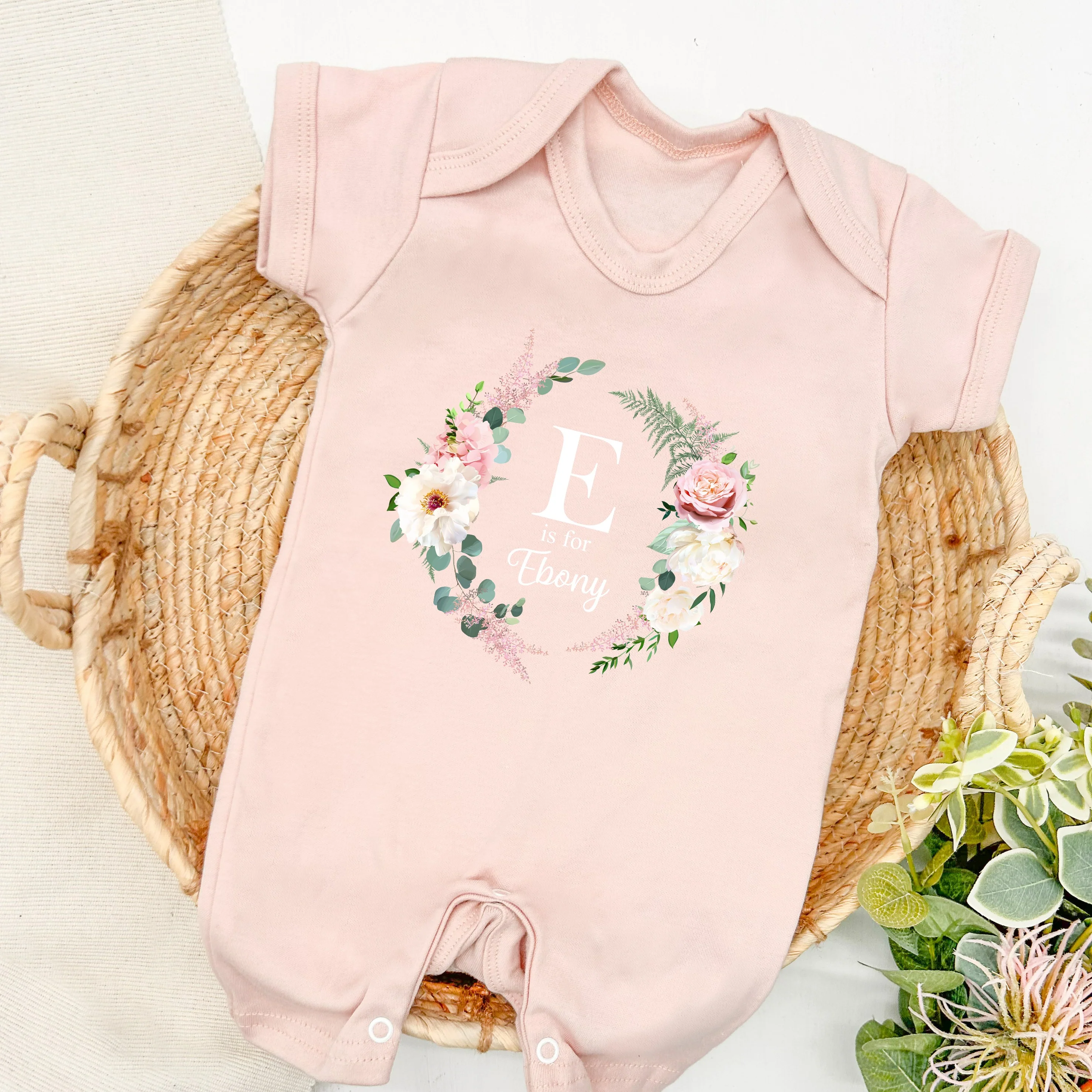 Personalised Pink Floral Wreath Initial Babygrow/Romper - Image 2