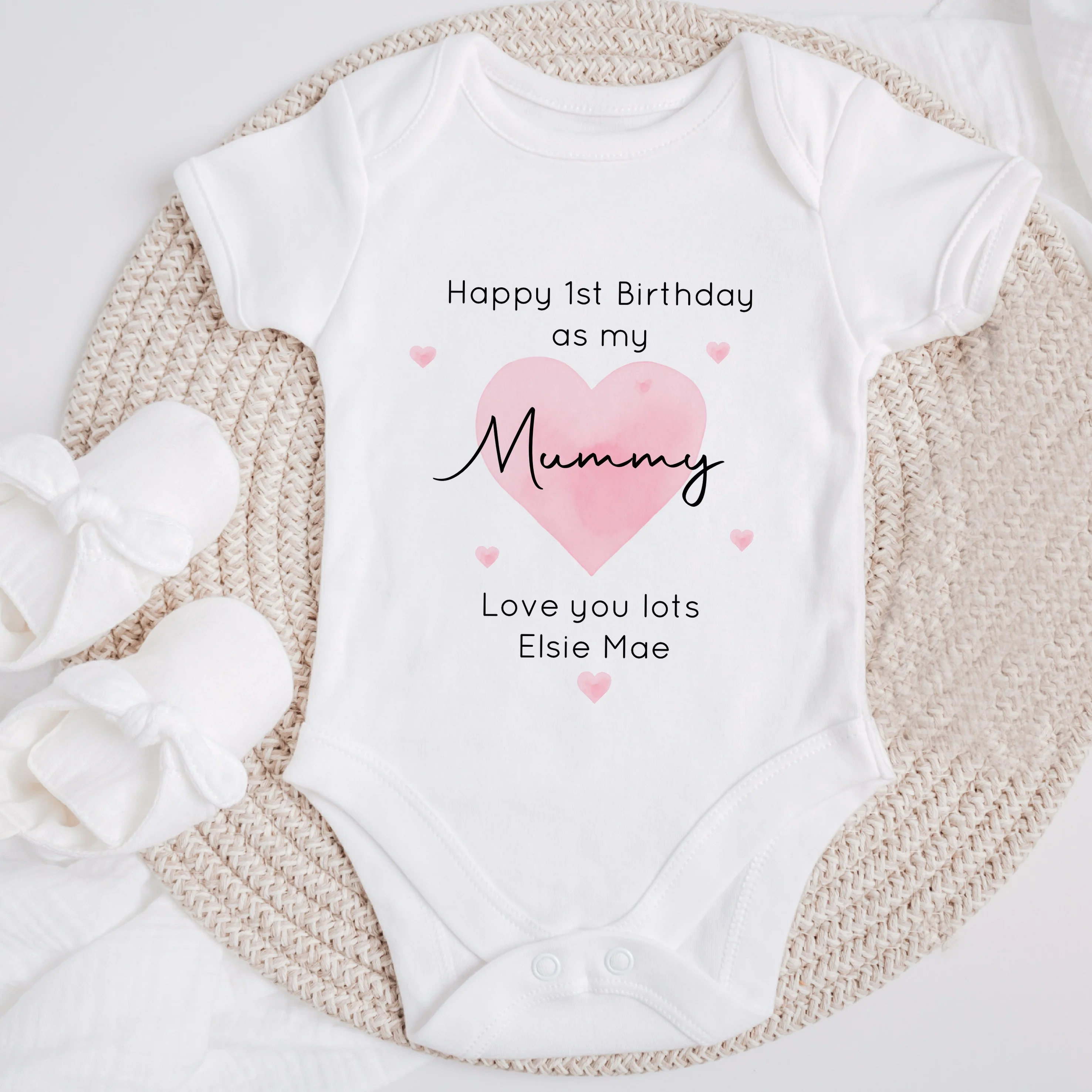 Personalised Pink Heart Happy 1st  Birthday As My Mummy Baby Grow or Vest - Image 5