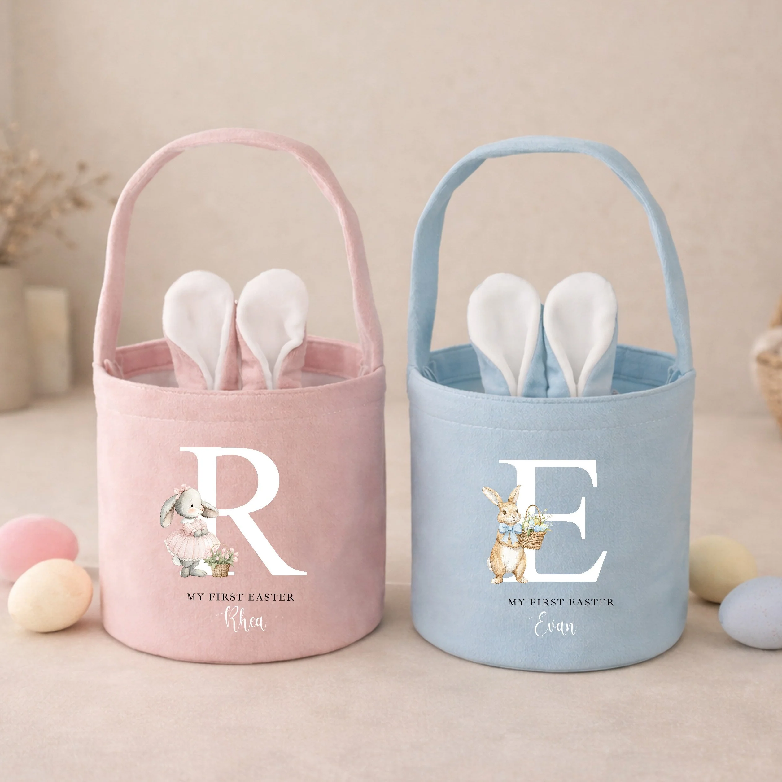 Personalised Pink or Blue Bunny Initial Easter Basket