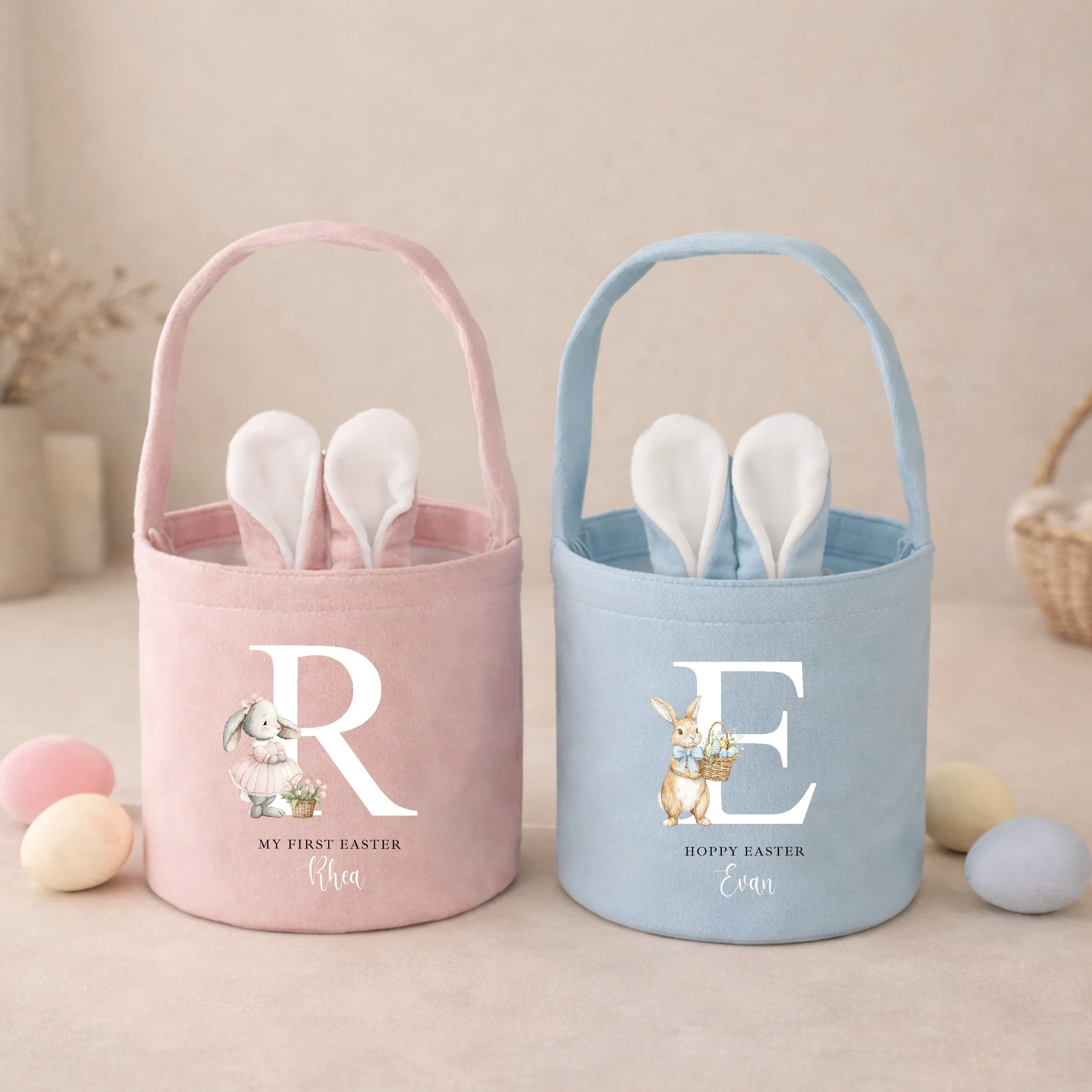 Personalised Pink or Blue Bunny Initial Easter Basket - Image 5
