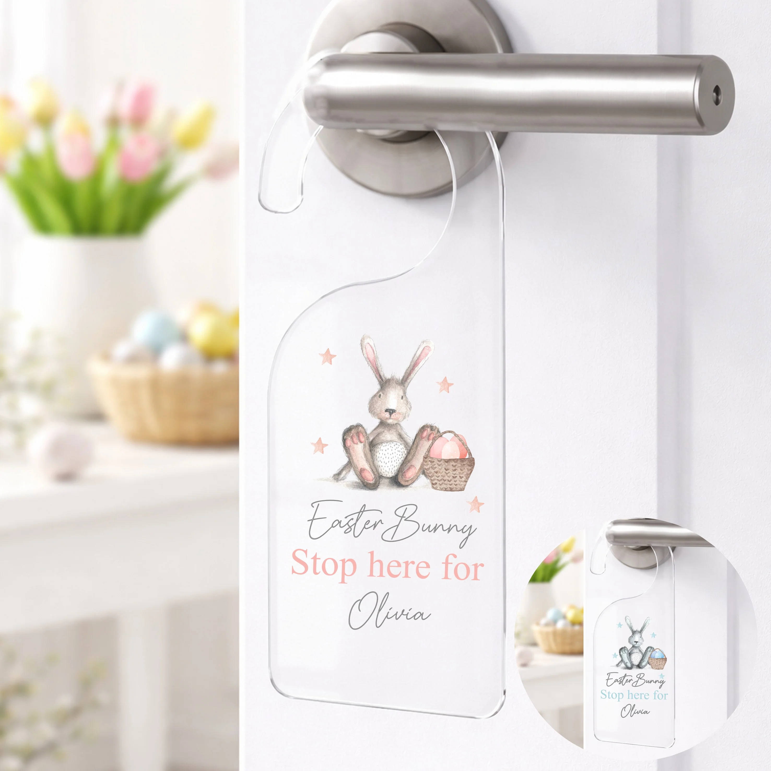 Personalised Pink or Blue Rabbit Easter Bunny Stop Here Door Sign