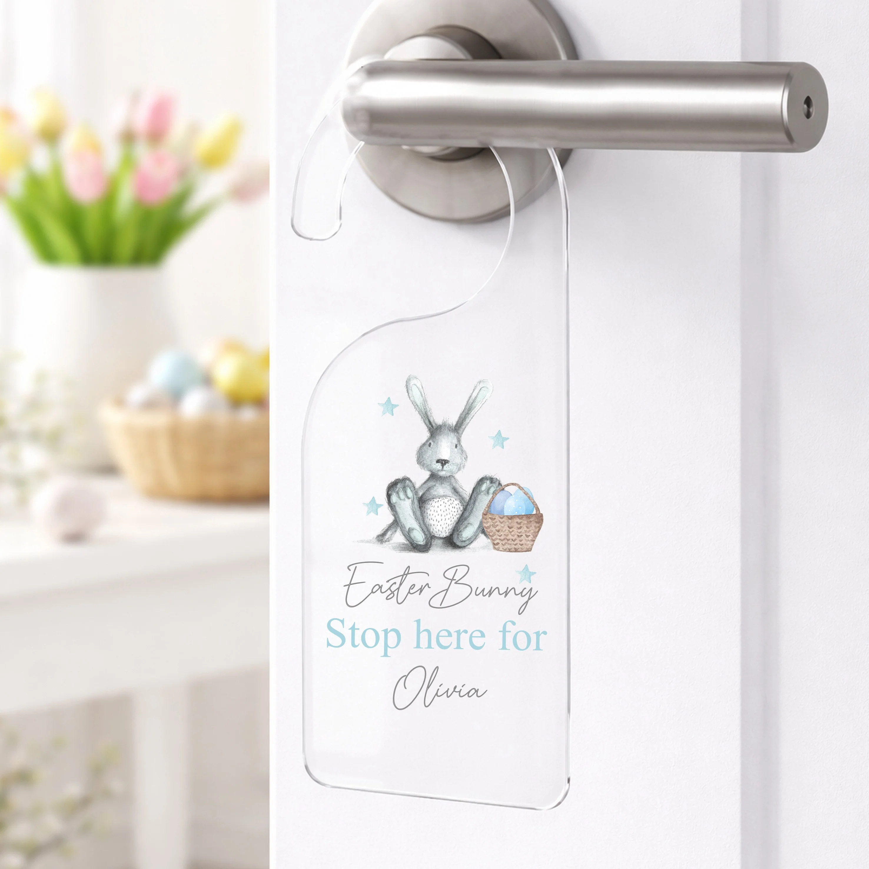 Personalised Pink or Blue Rabbit Easter Bunny Stop Here Door Sign - Image 2