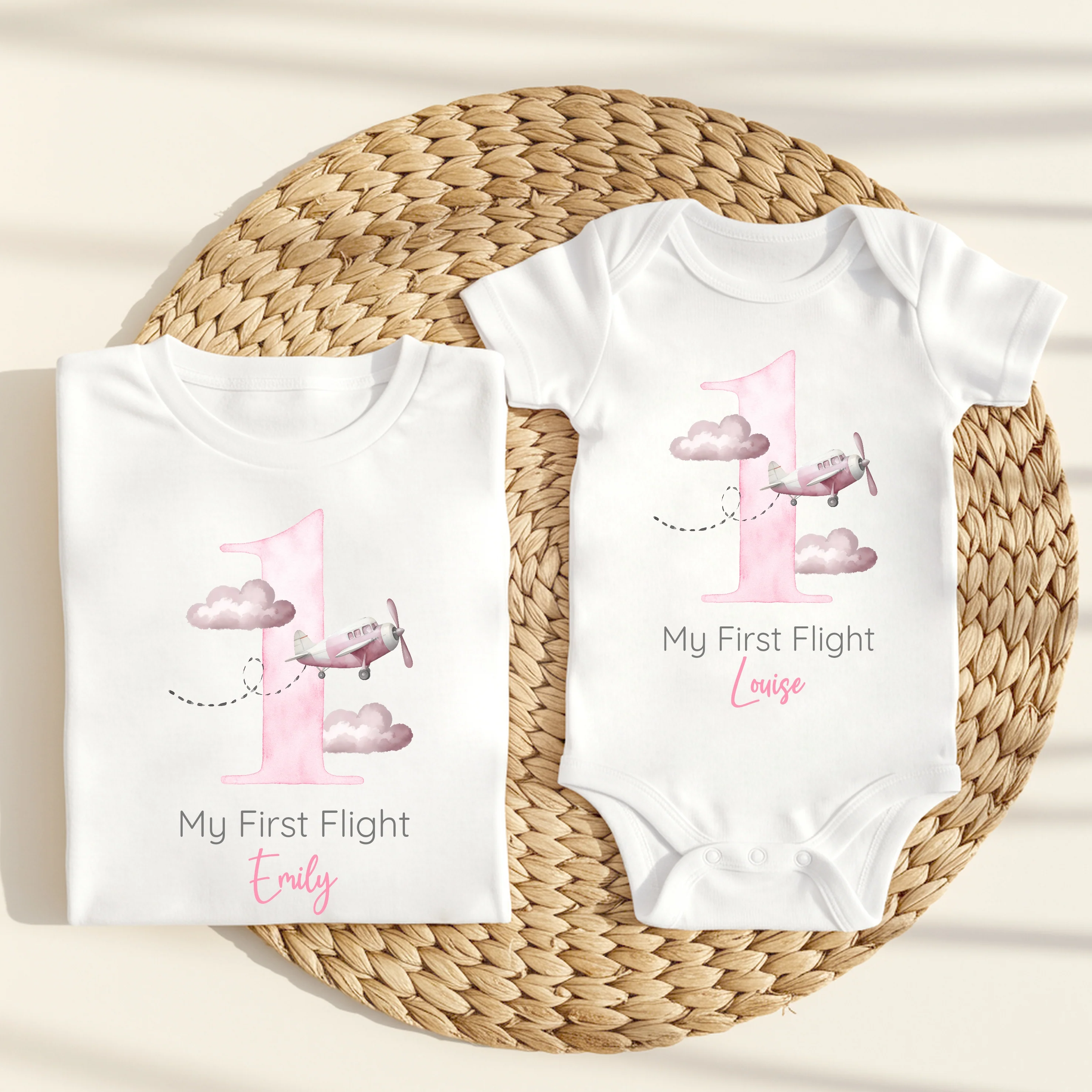 Personalised Pink Planes My First Flight Baby Vest/T-shirt
