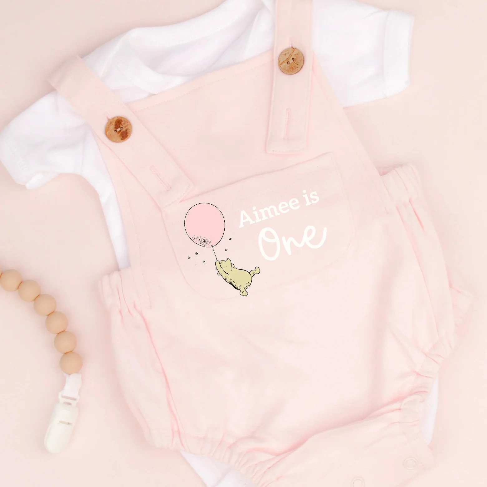 Personalised Pink Pooh Bear First Birthday Dungarees - Image 2