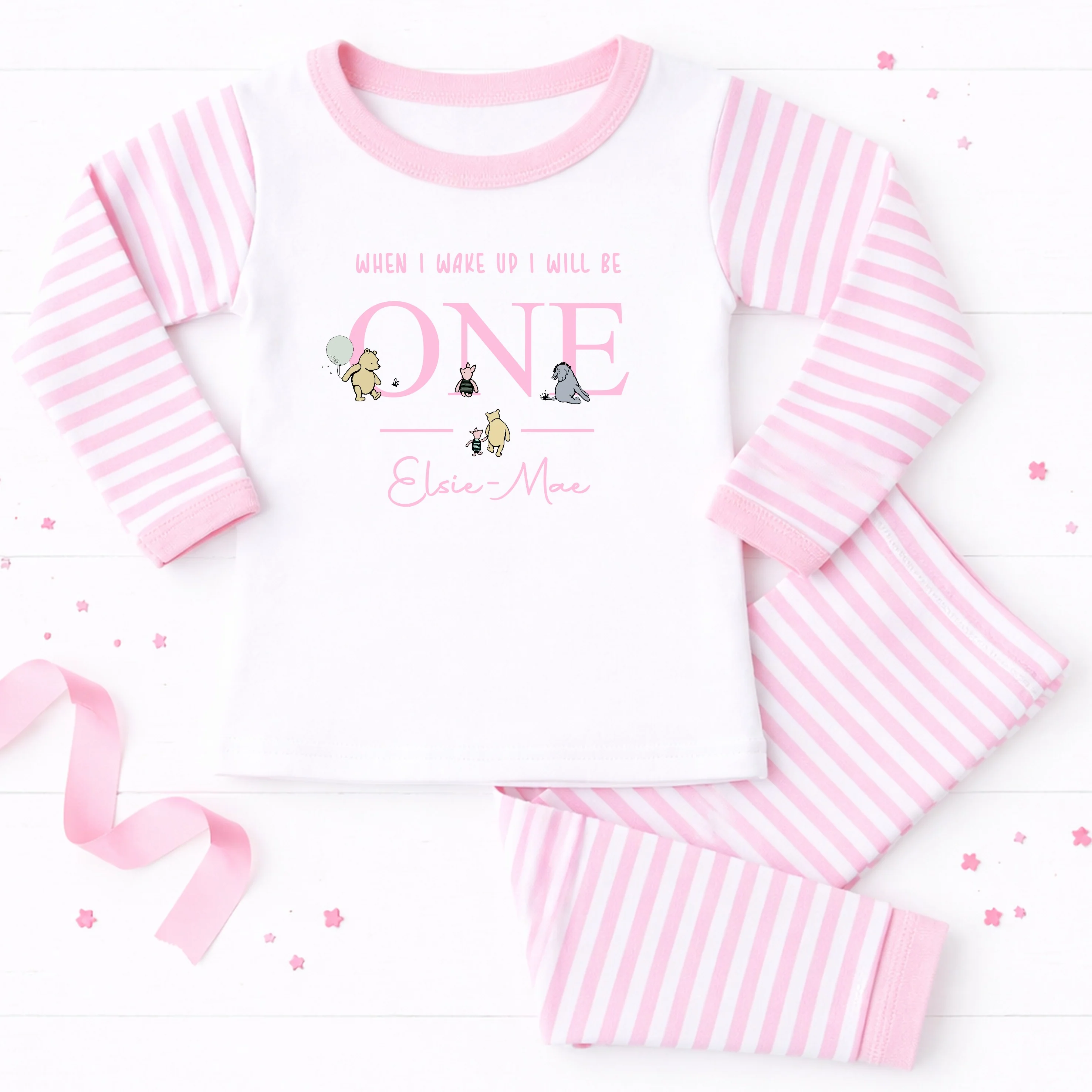 Personalised Pink Pooh Bear When I Wake Up I'll Be 1 First Birthday Pyjamas - Image 2