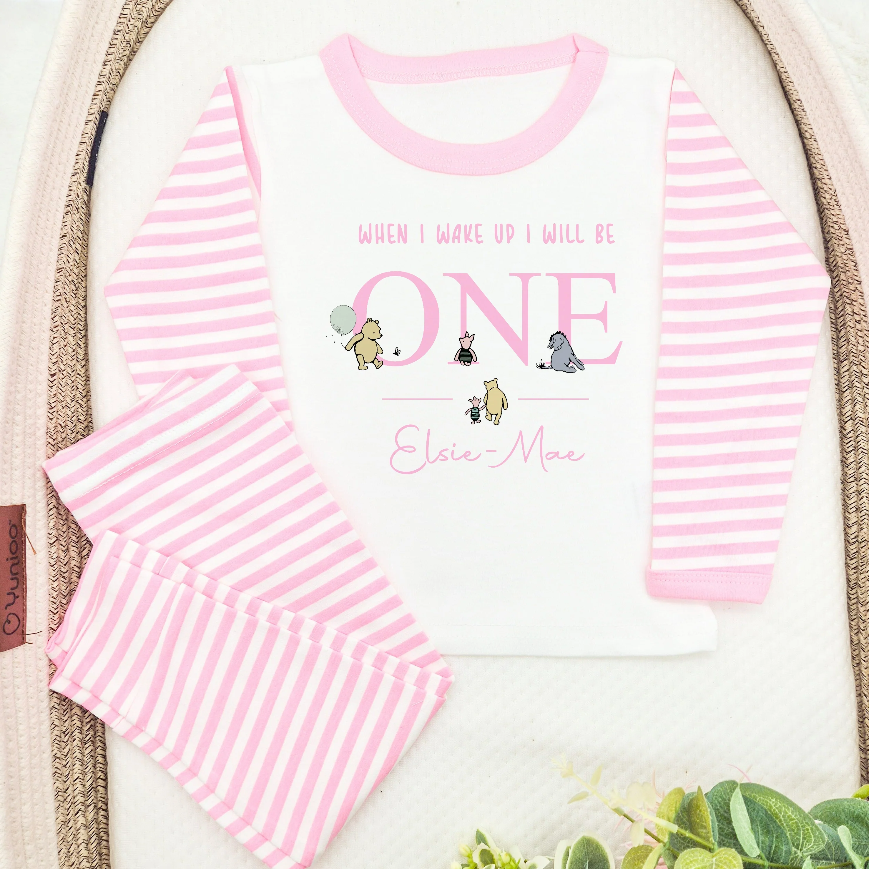 Personalised Pink Pooh Bear When I Wake Up I'll Be 1 First Birthday Pyjamas - Image 3