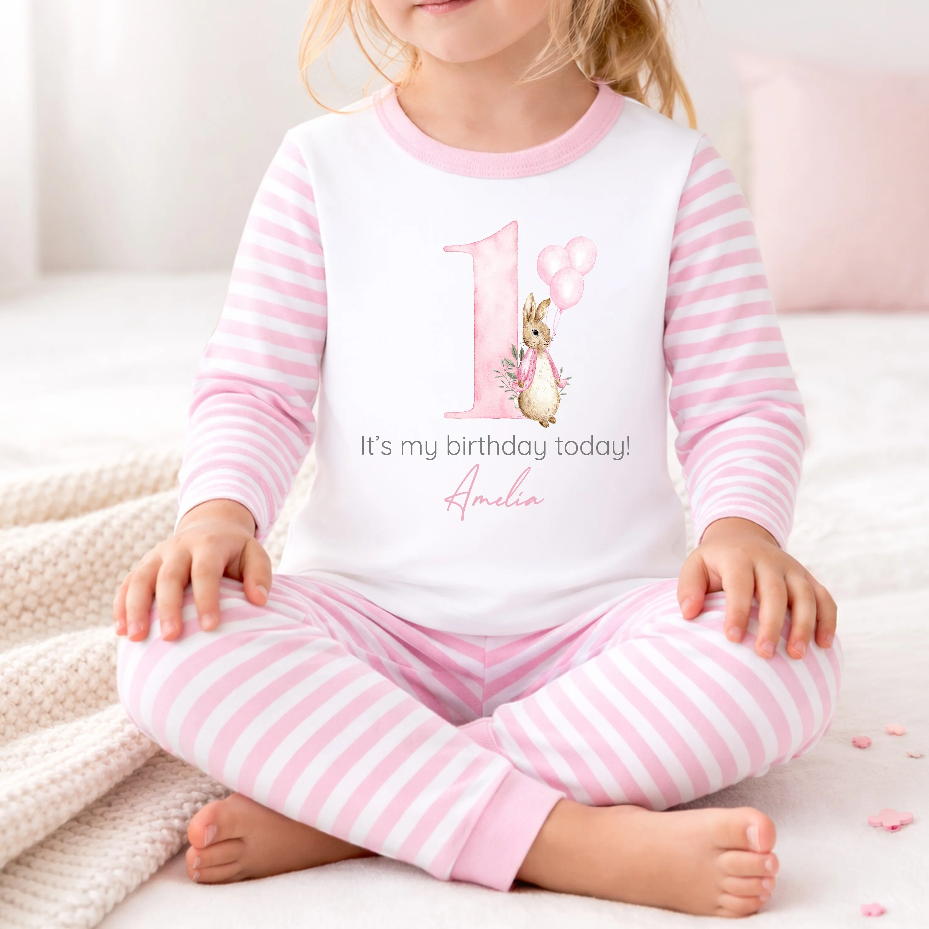Personalised Pink Rabbit Balloon Any Age Birthday Pyjamas - Image 3